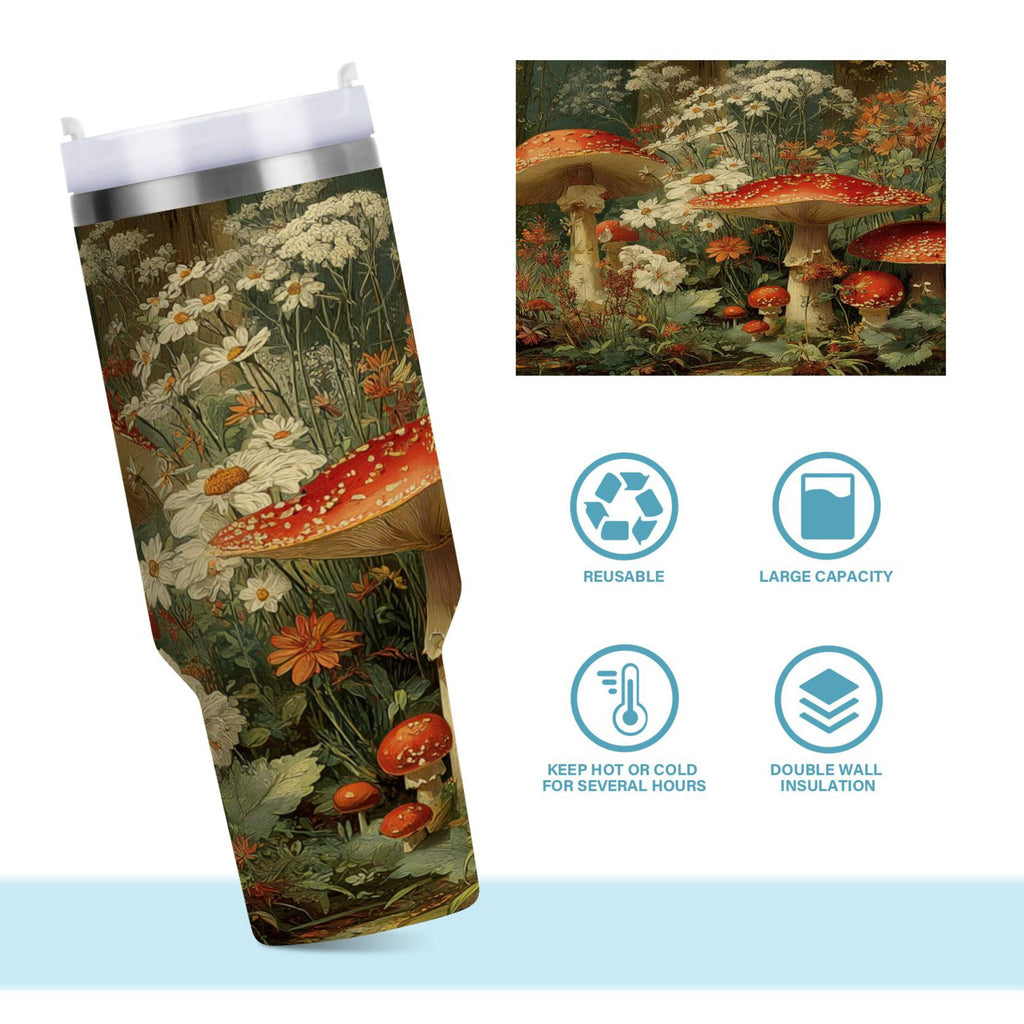 40 oz Insulated Stainless Steel Tumbler Double Wall Stainless Steel Tumbler with 2-Way Drinking Red Mushrooms C505L