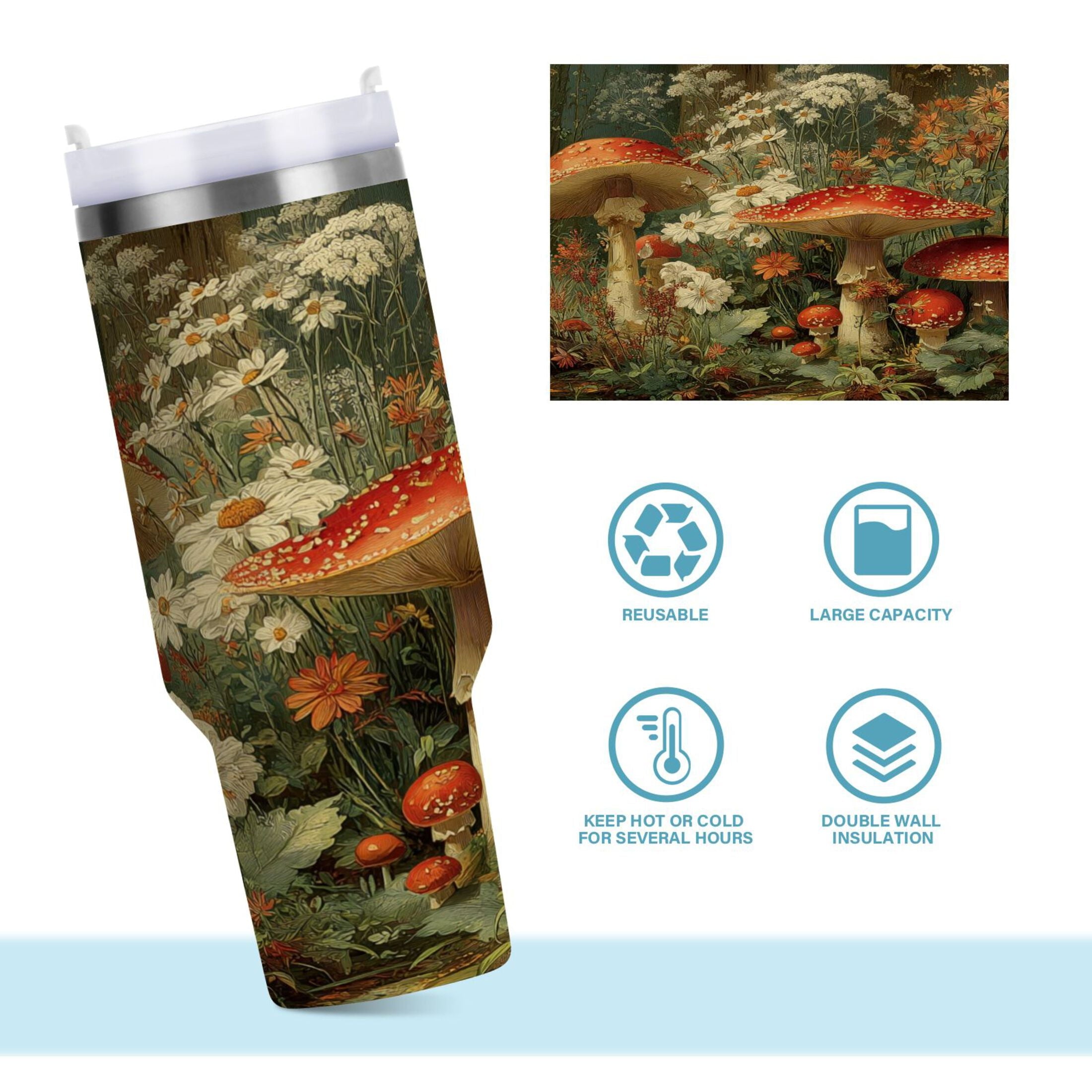 40 oz Insulated Stainless Steel Tumbler Double Wall Stainless Steel Tumbler with 2-Way Drinking Red Mushrooms C505L
