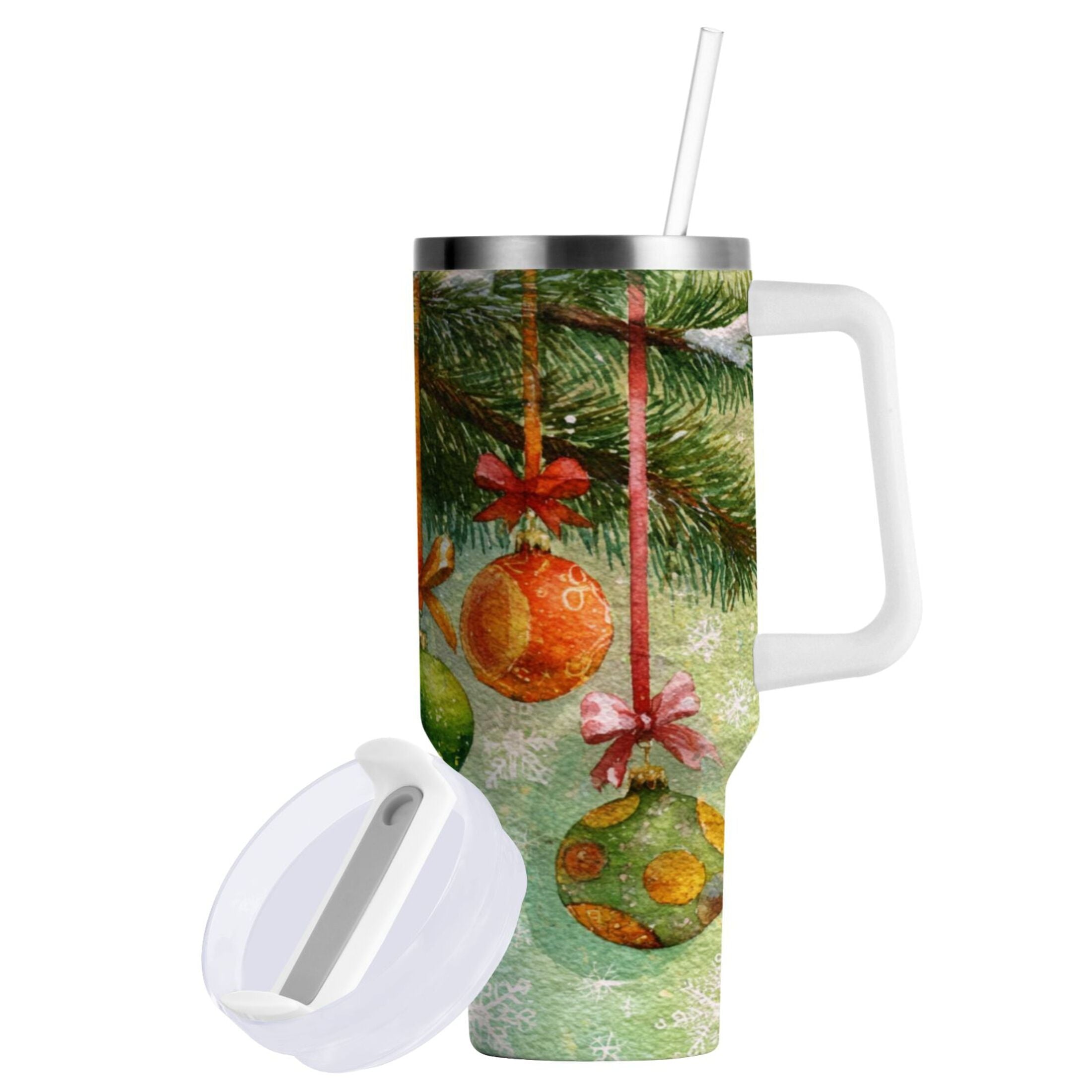 30 oz Insulated Stainless Steel Tumbler Double Wall Stainless Steel Tumbler with 2-Way Drinking Christmas Ornaments Watercolor Painting C639N