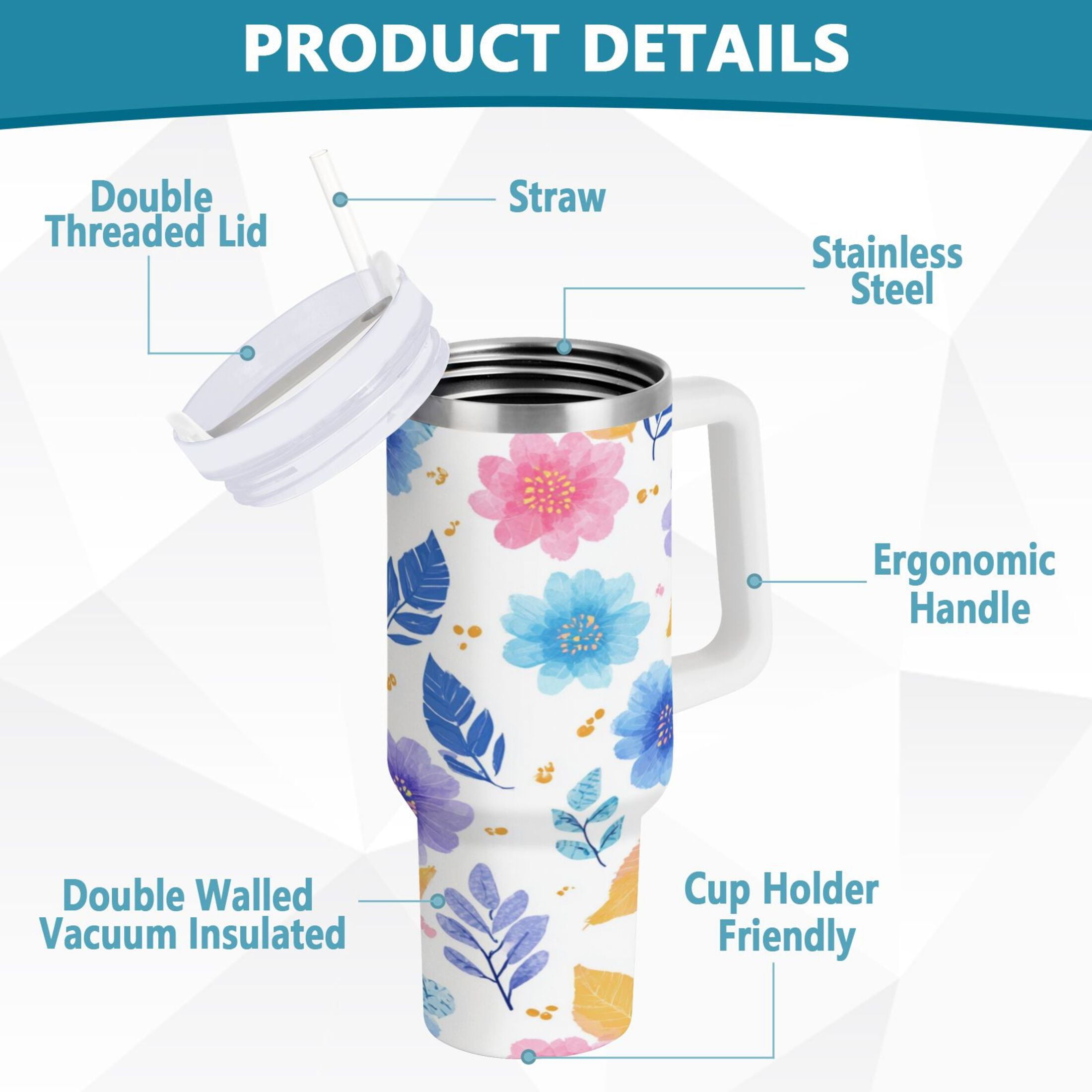 30 oz Insulated Stainless Steel Tumbler Double Wall Stainless Steel Tumbler with 2-Way Drinking Blue and Purple Flowers C522D