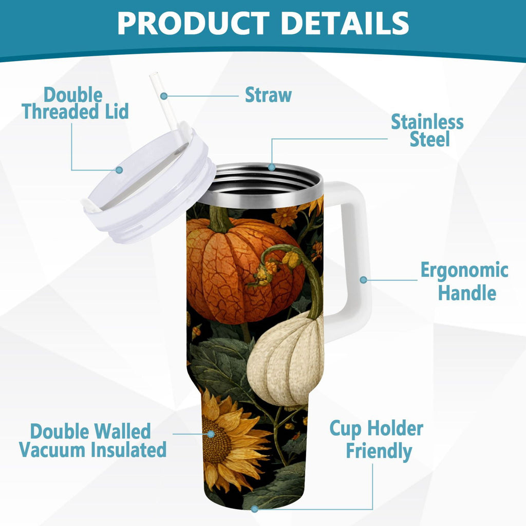 40 oz Insulated Stainless Steel Tumbler Double Wall Stainless Steel Tumbler with 2-Way Drinking Pumpkins and Sunflowers Pattern C560B