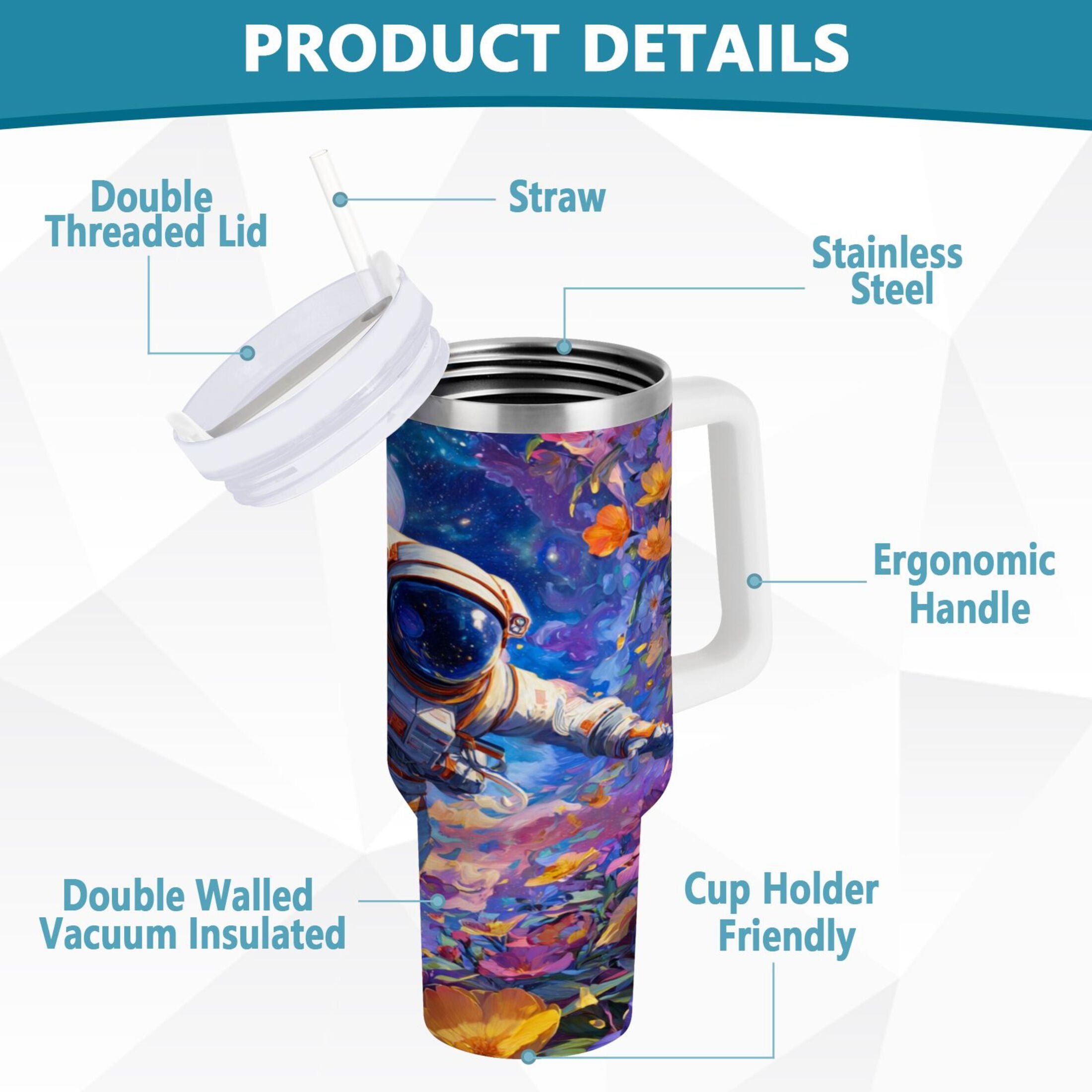 40 oz Insulated Stainless Steel Tumbler Double Wall Stainless Steel Tumbler with 2-Way Drinking Astronaut and Colorful Flowers C562V
