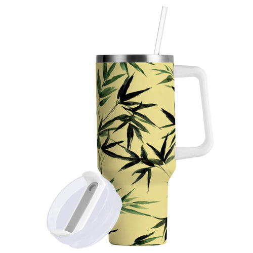 30 oz Insulated Stainless Steel Tumbler Double Wall Stainless Steel Tumbler with 2-Way Drinking Bamboo and Green Leaves C633Y