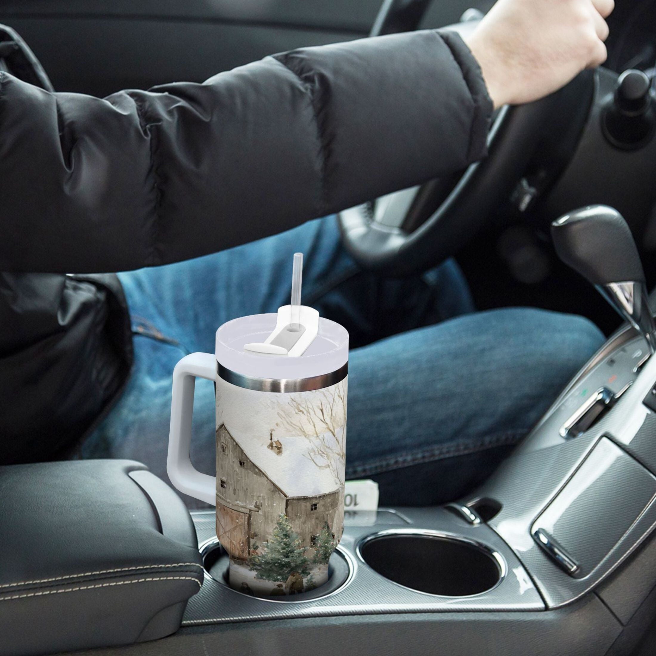 40 oz Insulated Stainless Steel Tumbler Double Wall Stainless Steel Tumbler with 2-Way Drinking Farm Snow Scene C645K