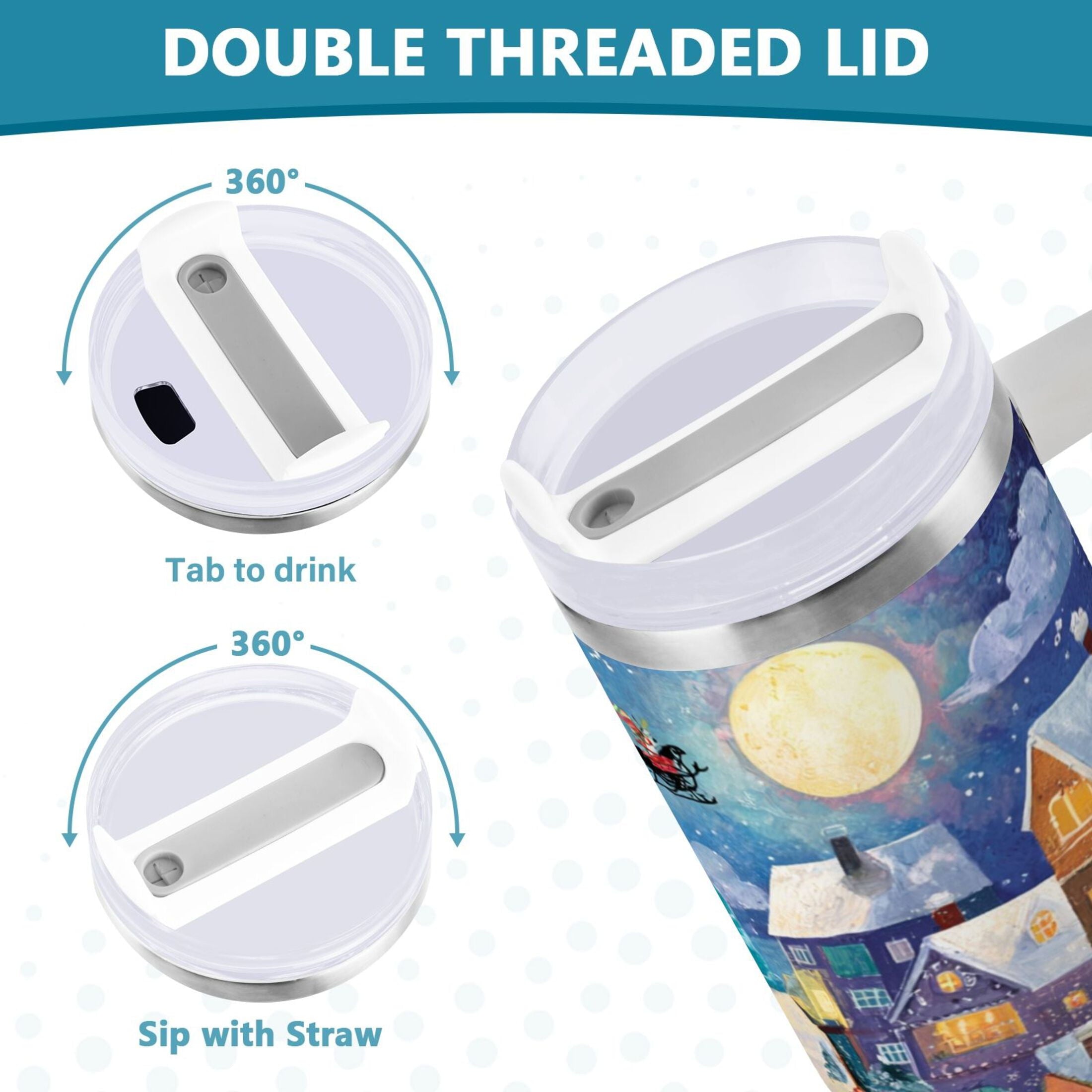 30 oz Insulated Stainless Steel Tumbler Double Wall Stainless Steel Tumbler with 2-Way Drinking Charming Christmas Scene C546C