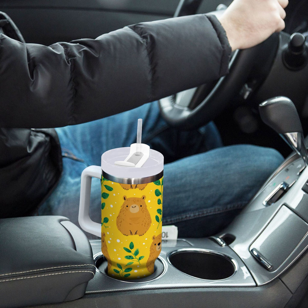 30 oz Insulated Stainless Steel Tumbler Double Wall Stainless Steel Tumbler with 2-Way Drinking Capybara and Green Leaves C658M