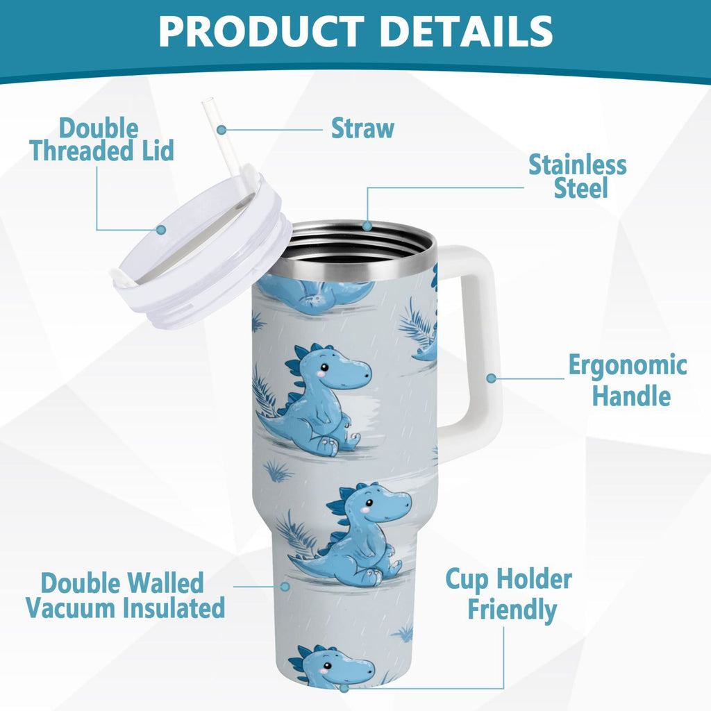 30 oz Insulated Stainless Steel Tumbler Double Wall Stainless Steel Tumbler with 2-Way Drinking Cartoon Blue Dinosaurs C495T