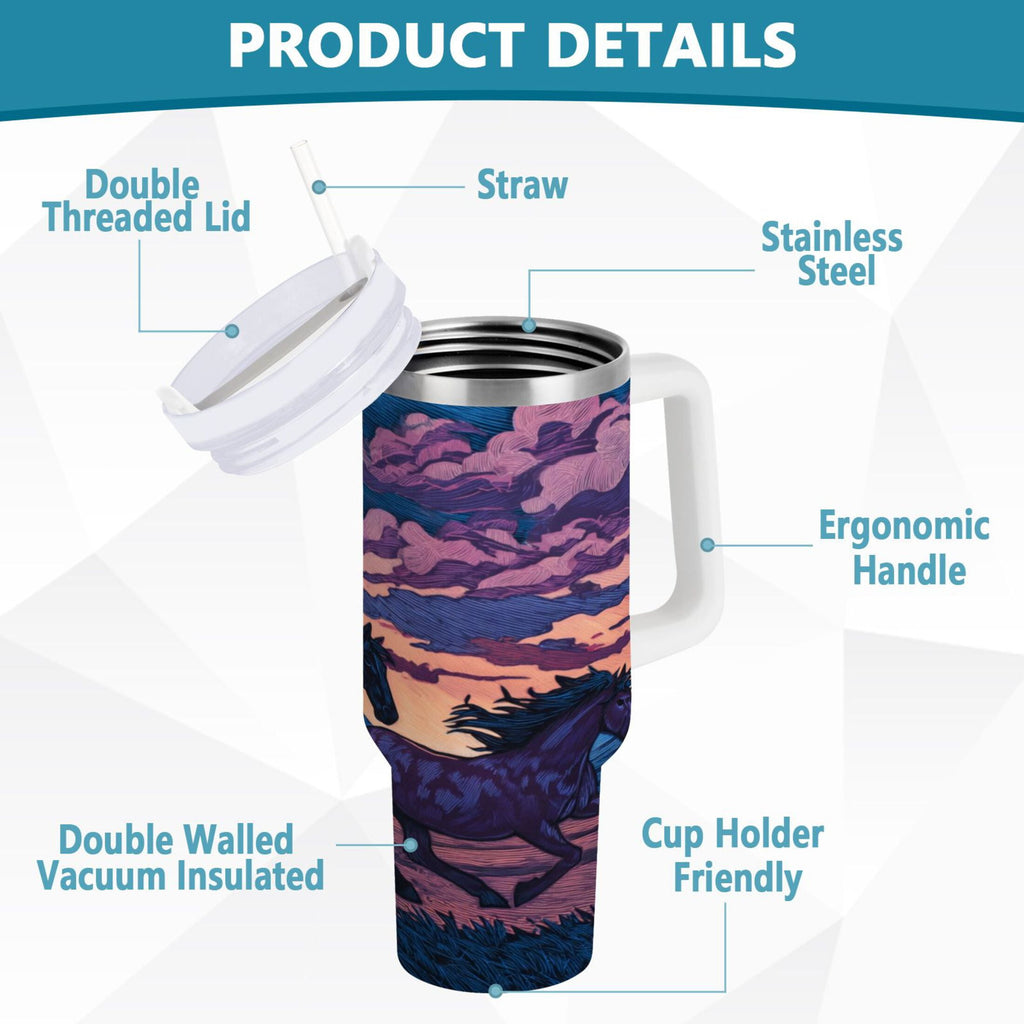 40 oz Insulated Stainless Steel Tumbler Double Wall Stainless Steel Tumbler with 2-Way Drinking Wild Horses Running C506V