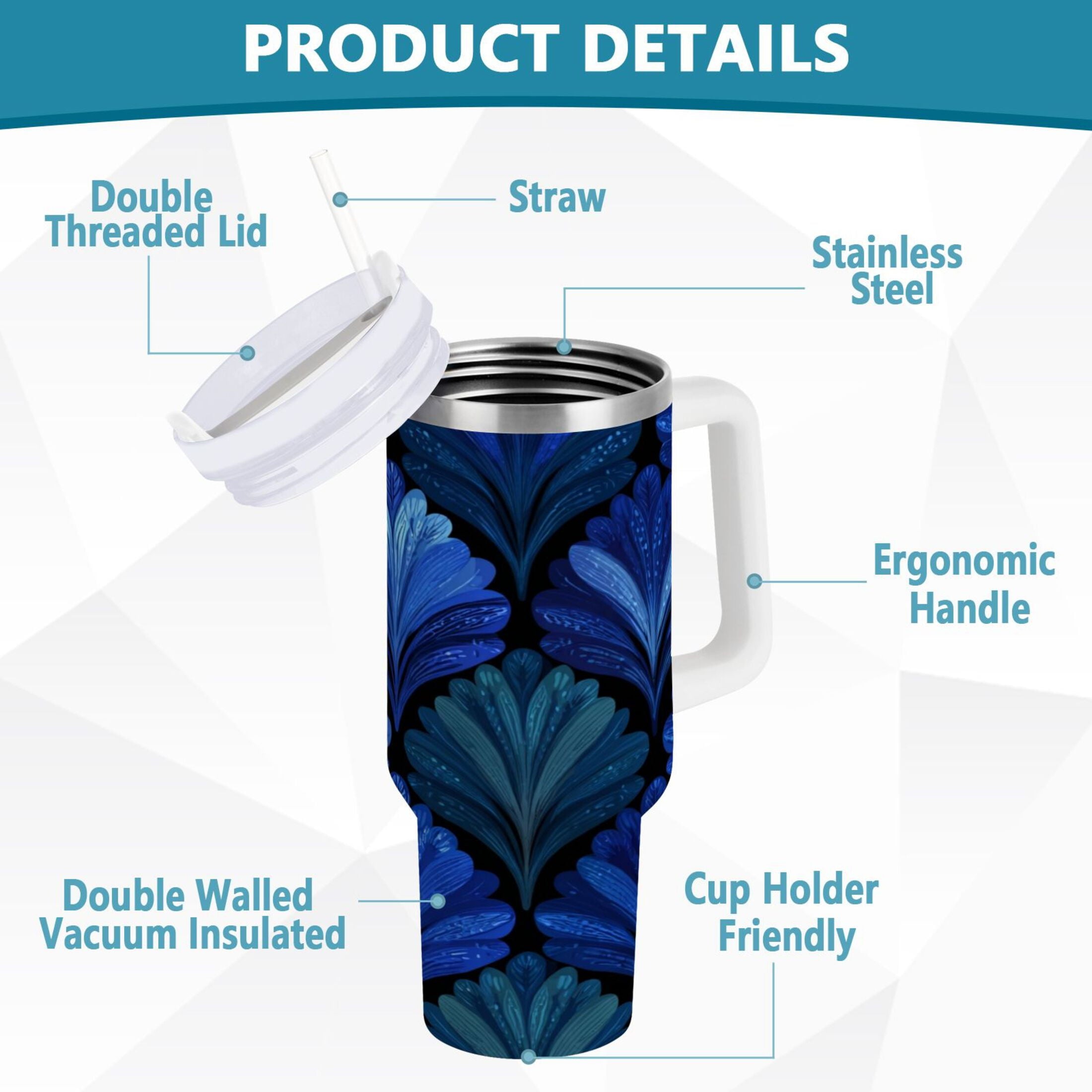 30 oz Insulated Stainless Steel Tumbler Double Wall Stainless Steel Tumbler with 2-Way Drinking Blue Batik Leaves Pattern C525W