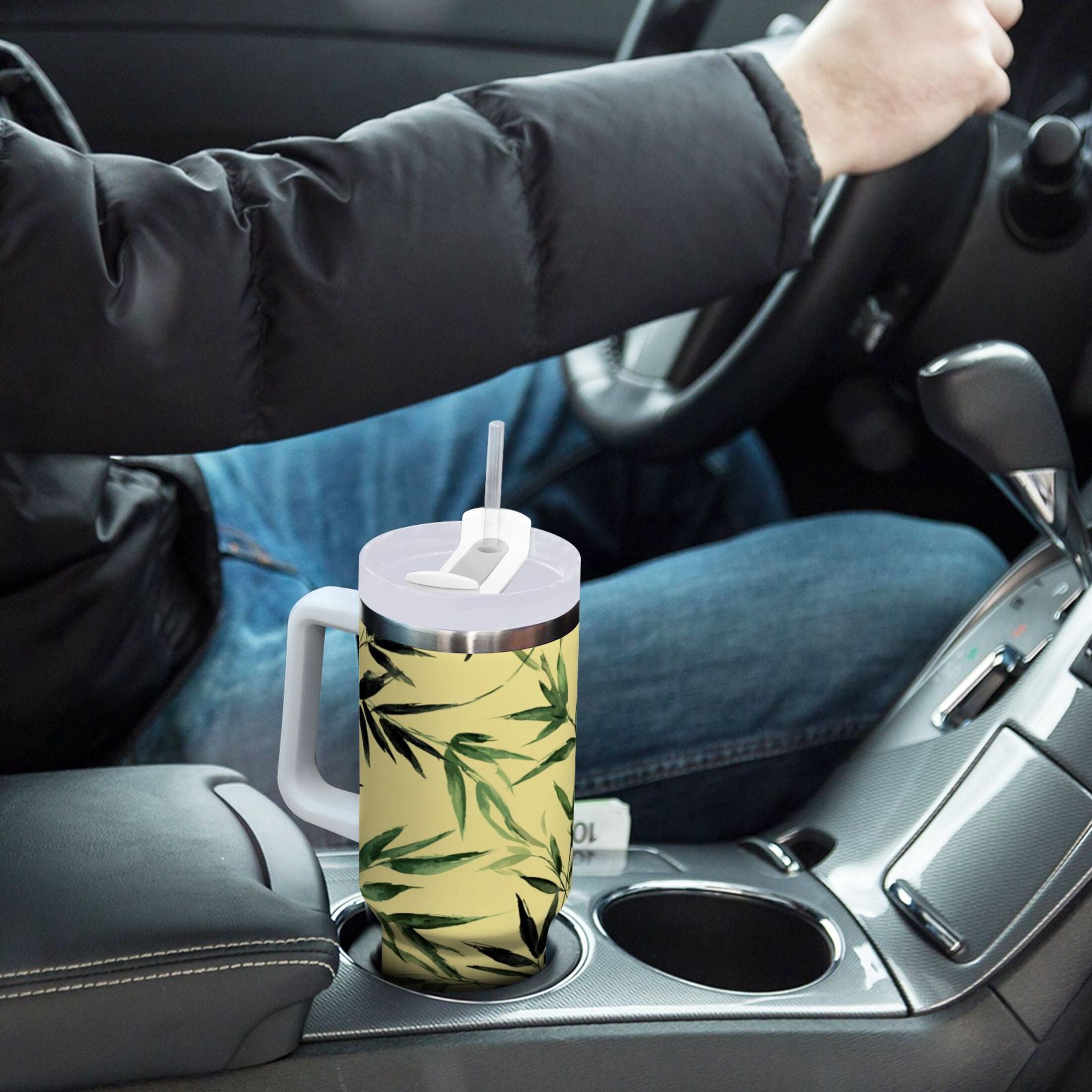 30 oz Insulated Stainless Steel Tumbler Double Wall Stainless Steel Tumbler with 2-Way Drinking Bamboo and Green Leaves C633Y
