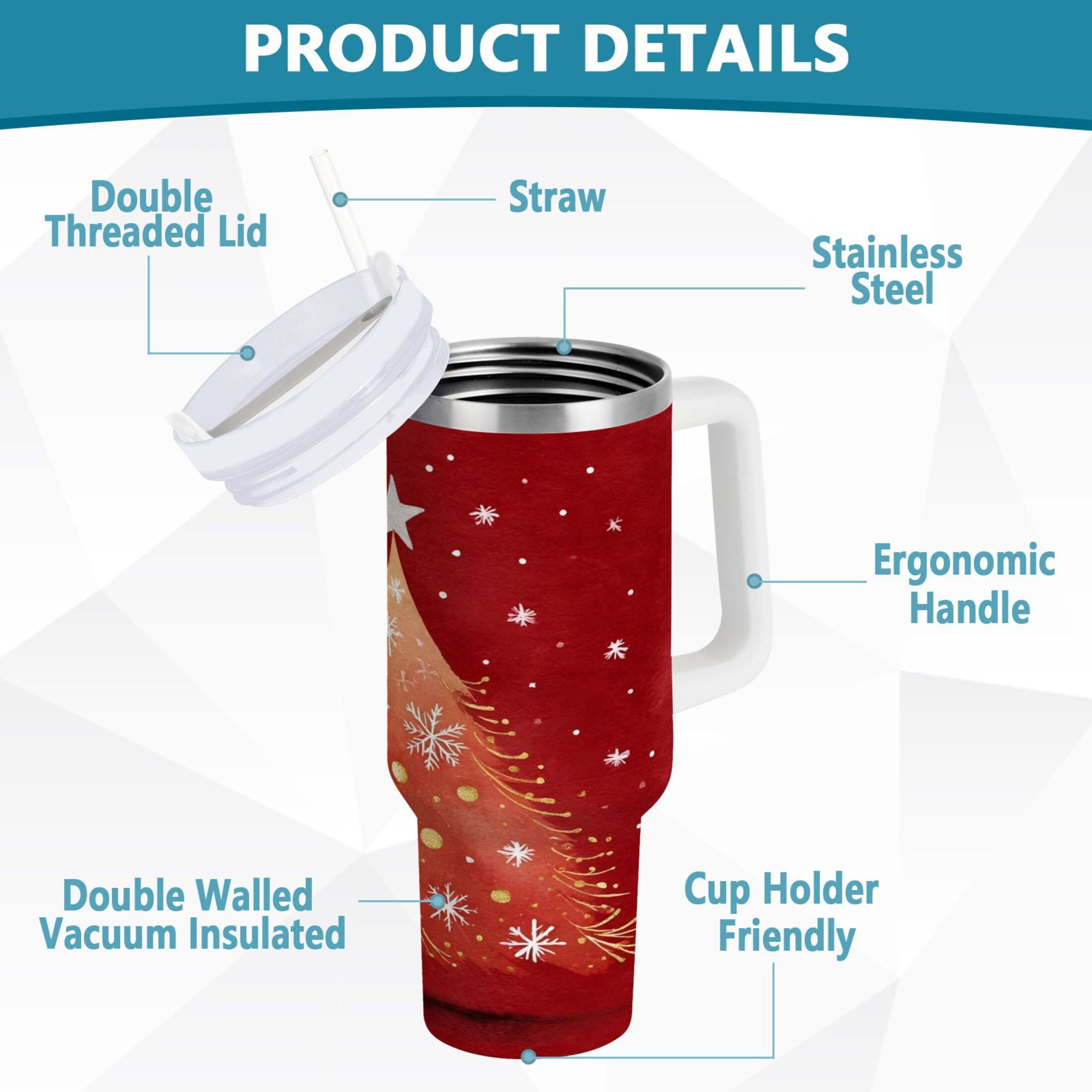 40 oz Insulated Stainless Steel Tumbler Double Wall Stainless Steel Tumbler with 2-Way Drinking Red Christmas Tree C662T