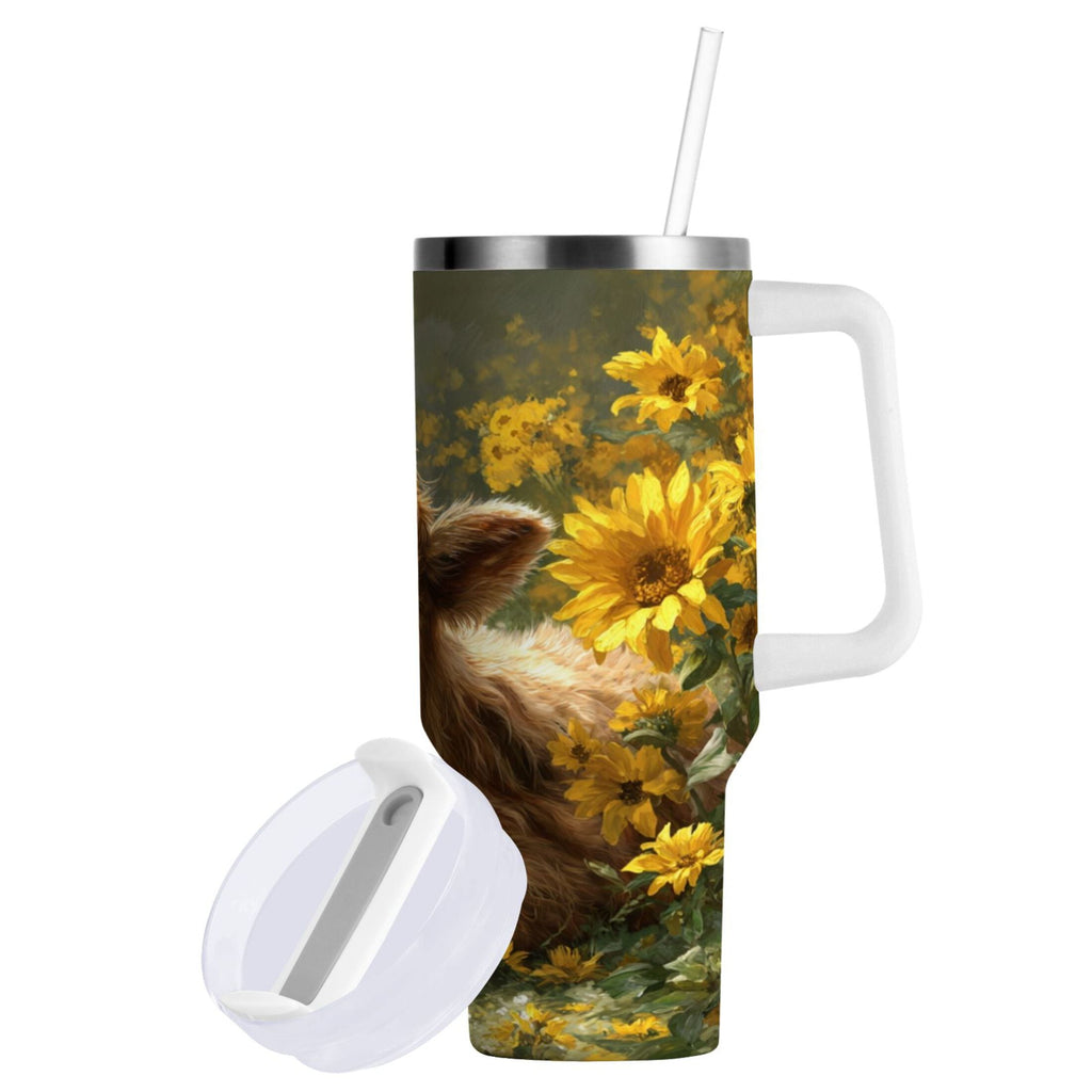 40 oz Insulated Stainless Steel Tumbler Double Wall Stainless Steel Tumbler with 2-Way Drinking Cow Lying in Sunflowers C665S