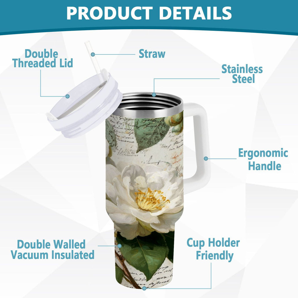 40 oz Insulated Stainless Steel Tumbler Double Wall Stainless Steel Tumbler with 2-Way Drinking Vintage White Camellias C622K