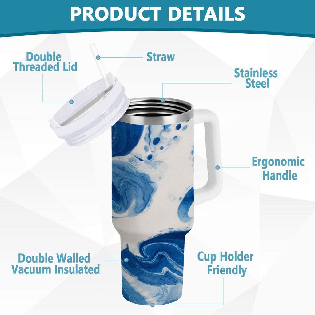 40 oz Insulated Stainless Steel Tumbler Double Wall Stainless Steel Tumbler with 2-Way Drinking Indigo Blue Tie-dye Pattern C632Z