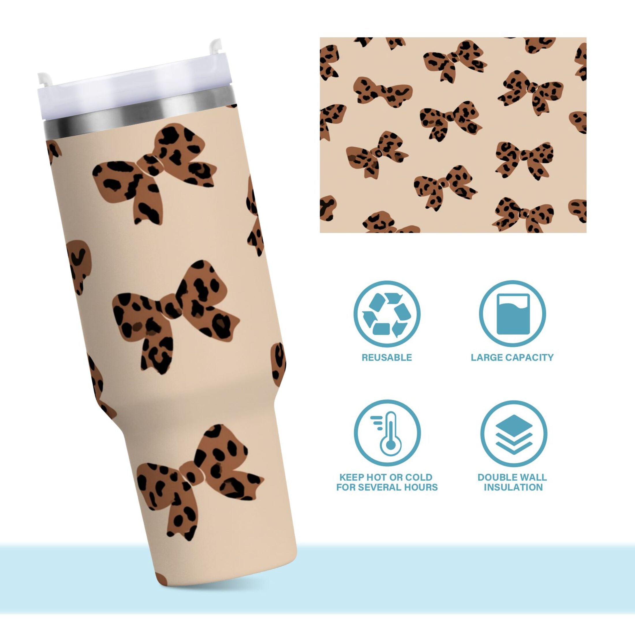 30 oz Insulated Stainless Steel Tumbler Double Wall Stainless Steel Tumbler with 2-Way Drinking Cute Brown Bow C528C