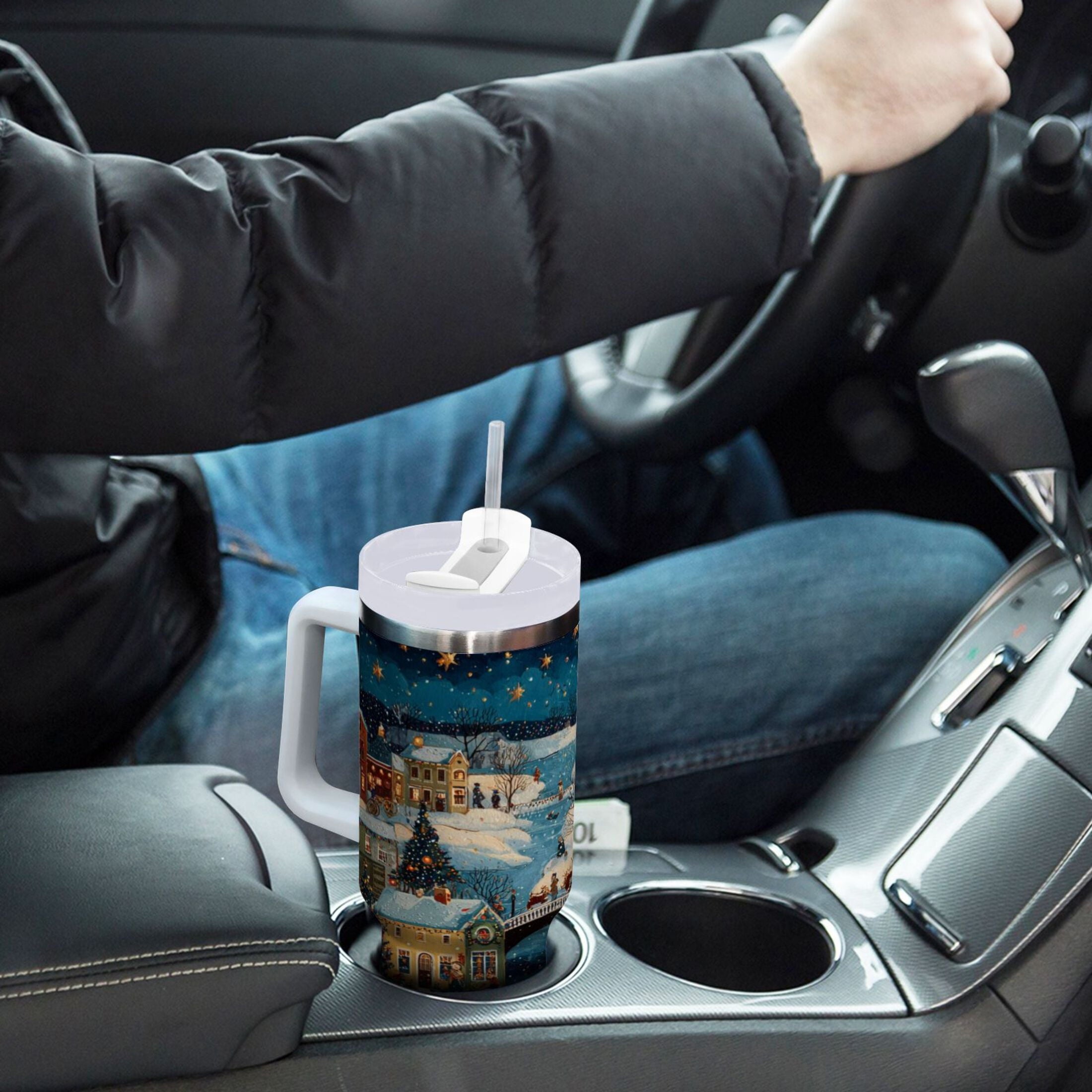 30 oz Insulated Stainless Steel Tumbler Double Wall Stainless Steel Tumbler with 2-Way Drinking Whimsical Christmas Scene C545R