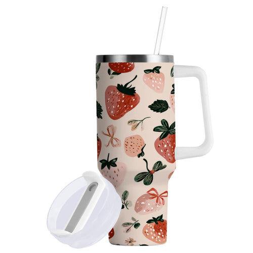 30 oz Insulated Stainless Steel Tumbler Double Wall Stainless Steel Tumbler with 2-Way Drinking Cute Pinks Strawberries C596J