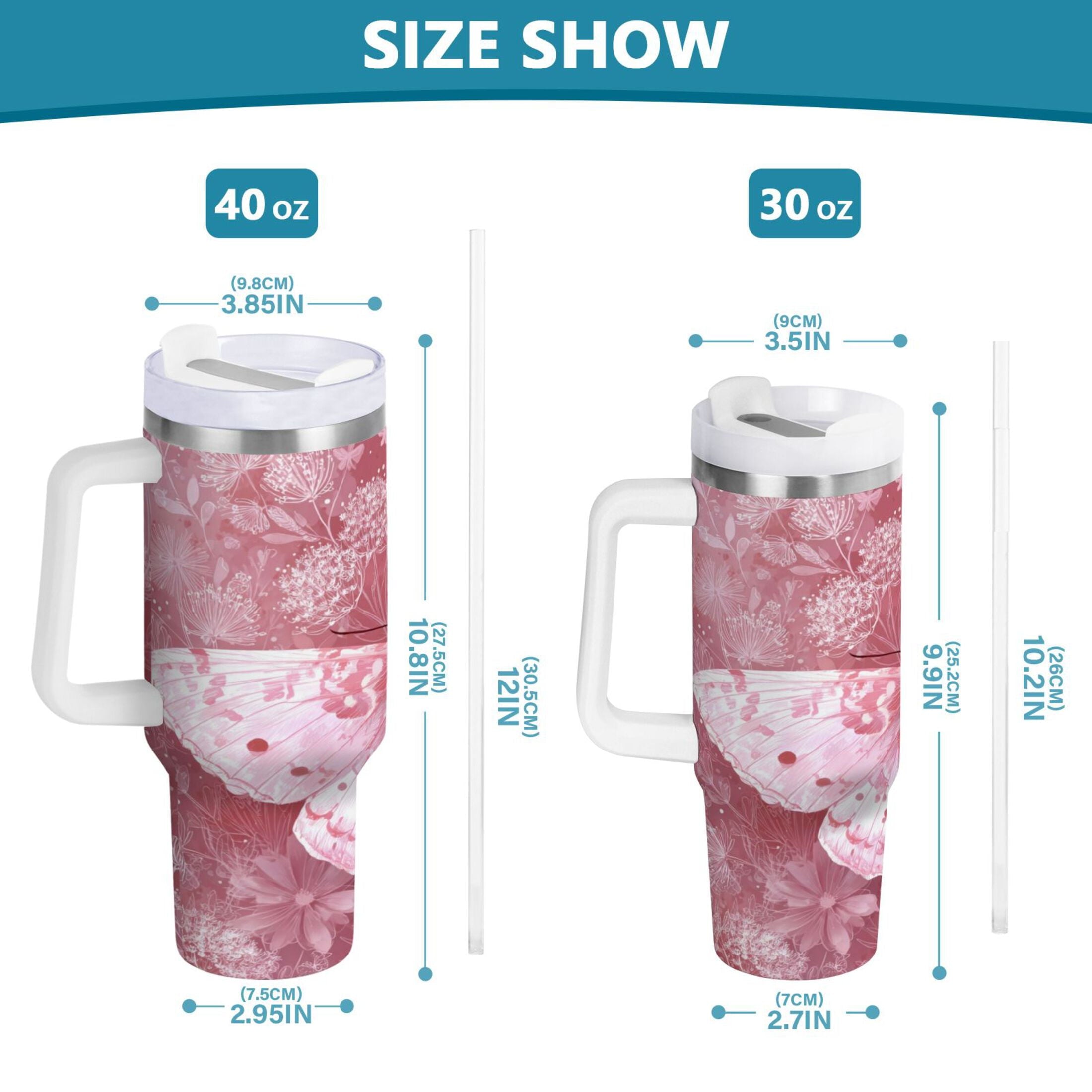 30 oz Insulated Stainless Steel Tumbler Double Wall Stainless Steel Tumbler with 2-Way Drinking Soft Pink Butterfly C561Z