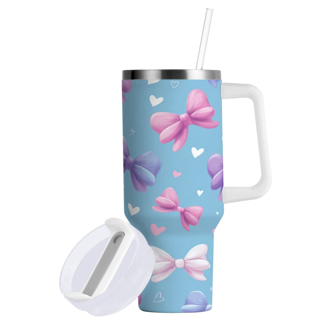 30 oz Insulated Stainless Steel Tumbler Double Wall Stainless Steel Tumbler with 2-Way Drinking Pink and Purple Bows C526T