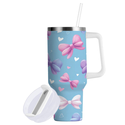 30 oz Insulated Stainless Steel Tumbler Double Wall Stainless Steel Tumbler with 2-Way Drinking Pink and Purple Bows C526T