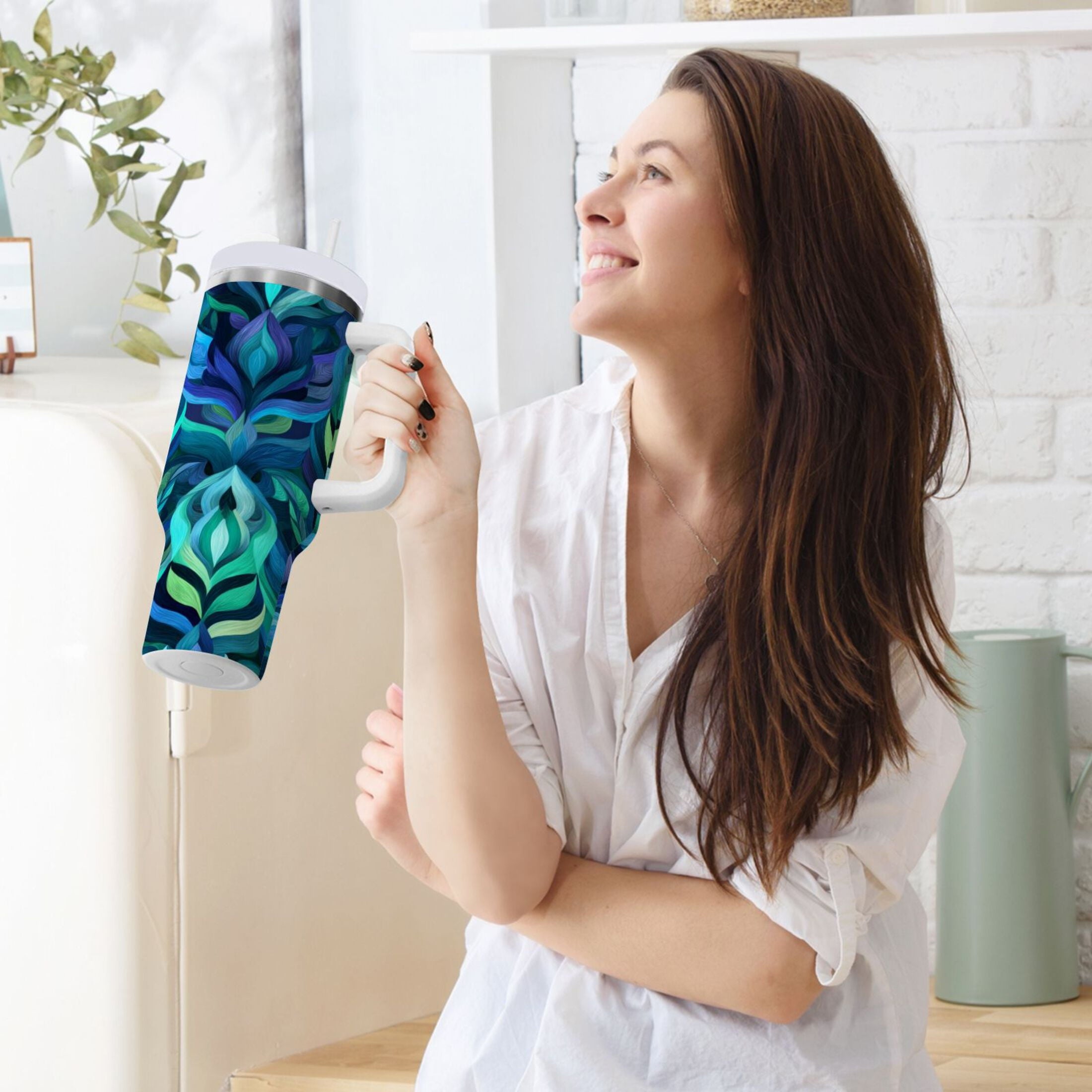 40 oz Insulated Stainless Steel Tumbler Double Wall Stainless Steel Tumbler with 2-Way Drinking Elegant Blue Abstract Shapes C609M
