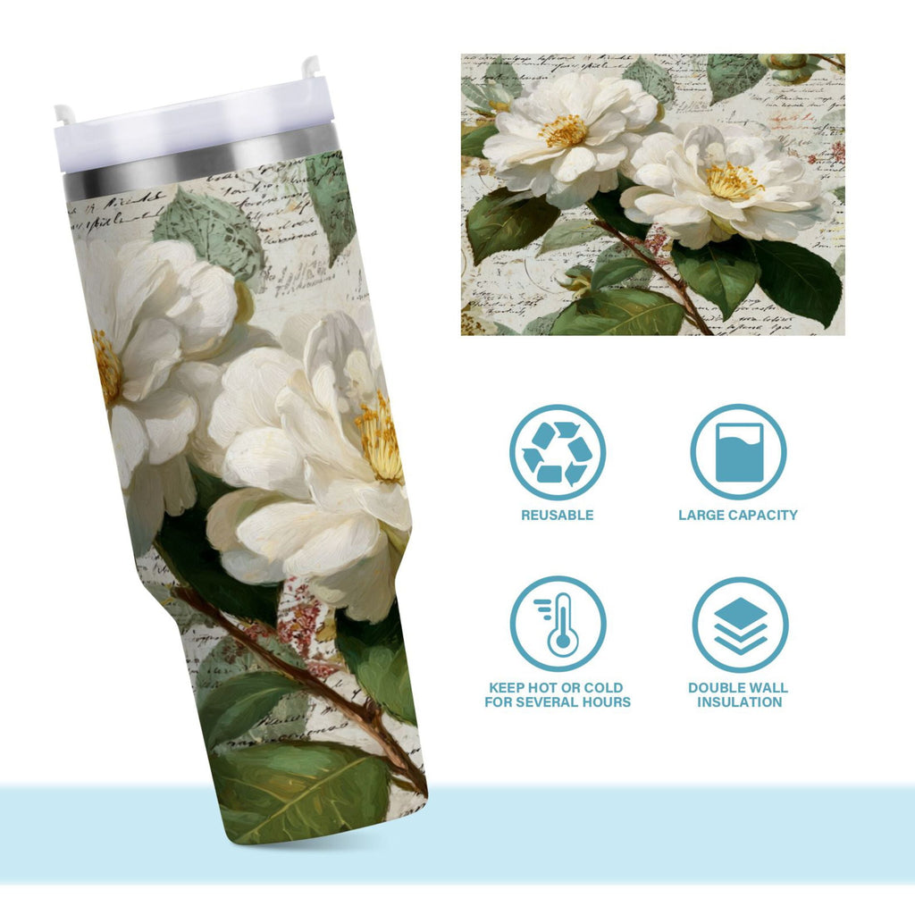 40 oz Insulated Stainless Steel Tumbler Double Wall Stainless Steel Tumbler with 2-Way Drinking Vintage White Camellias C622K