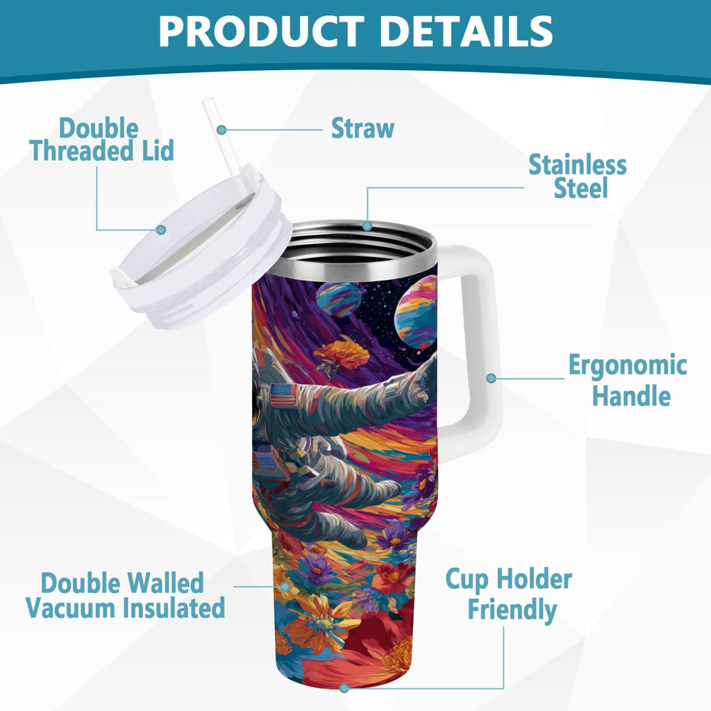 40 oz Insulated Stainless Steel Tumbler Double Wall Stainless Steel Tumbler with 2-Way Drinking Colorful Flowers and Planets C598R