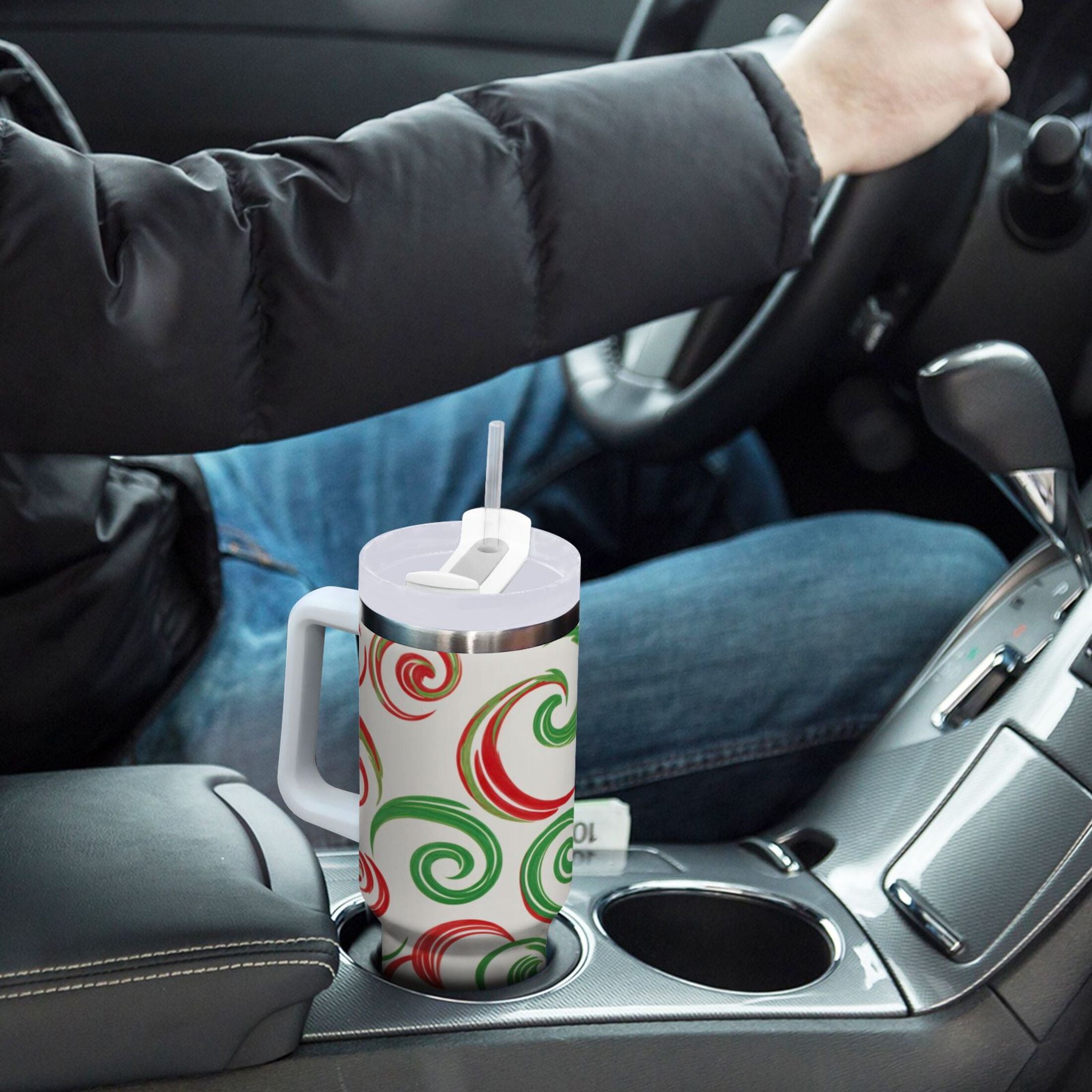 40 oz Insulated Stainless Steel Tumbler Double Wall Stainless Steel Tumbler with 2-Way Drinking Red and Green Swirls C539J