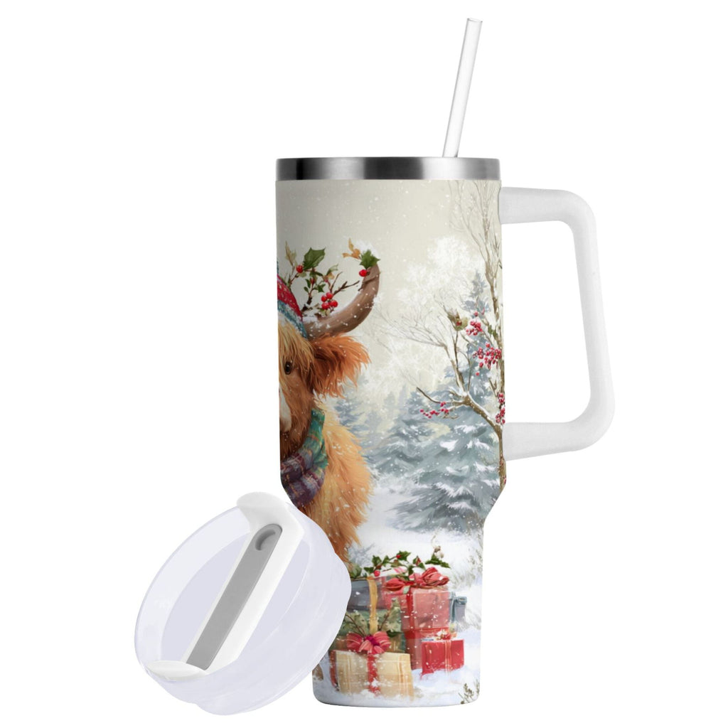 30 oz Insulated Stainless Steel Tumbler Double Wall Stainless Steel Tumbler with 2-Way Drinking Cow Wearing Christmas Hat C681C