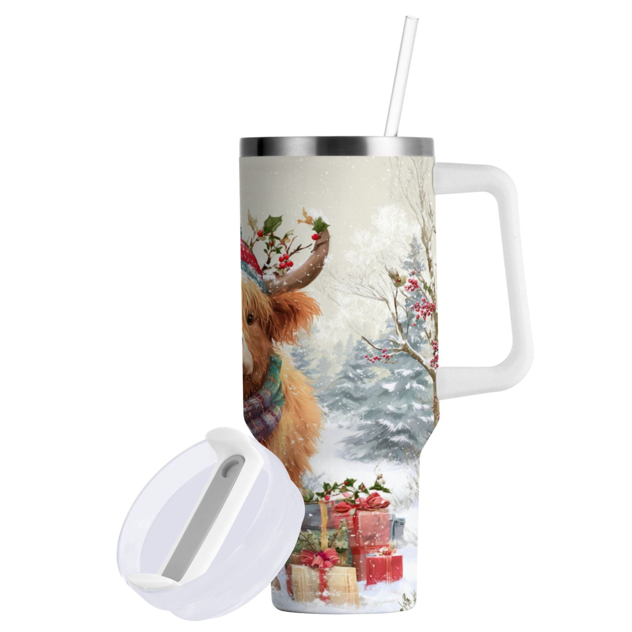 30 oz Insulated Stainless Steel Tumbler Double Wall Stainless Steel Tumbler with 2-Way Drinking Cow Wearing Christmas Hat C681C