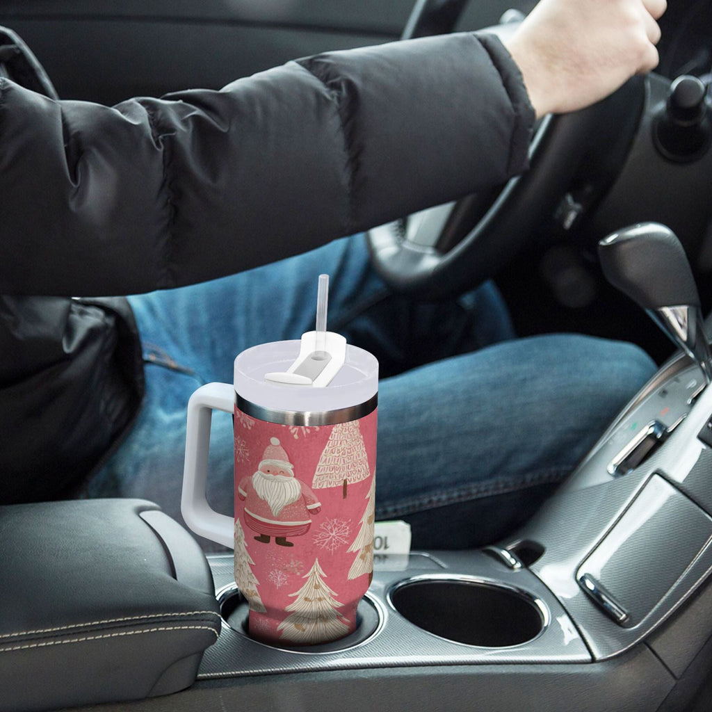 40 oz Insulated Stainless Steel Tumbler Double Wall Stainless Steel Tumbler with 2-Way Drinking Pink Santa Claus Pattern C527W
