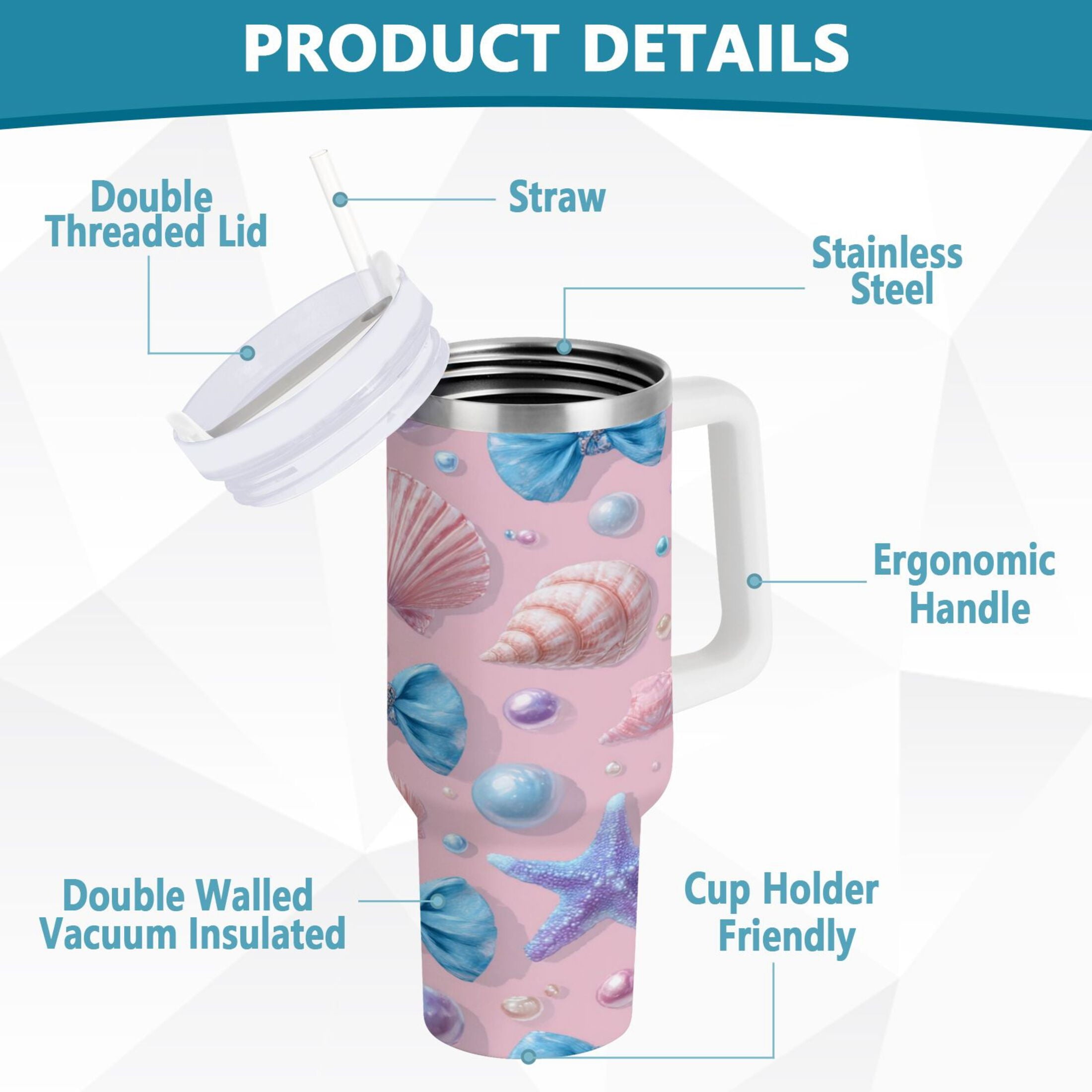 30 oz Insulated Stainless Steel Tumbler Double Wall Stainless Steel Tumbler with 2-Way Drinking Seashells and Bows C519U