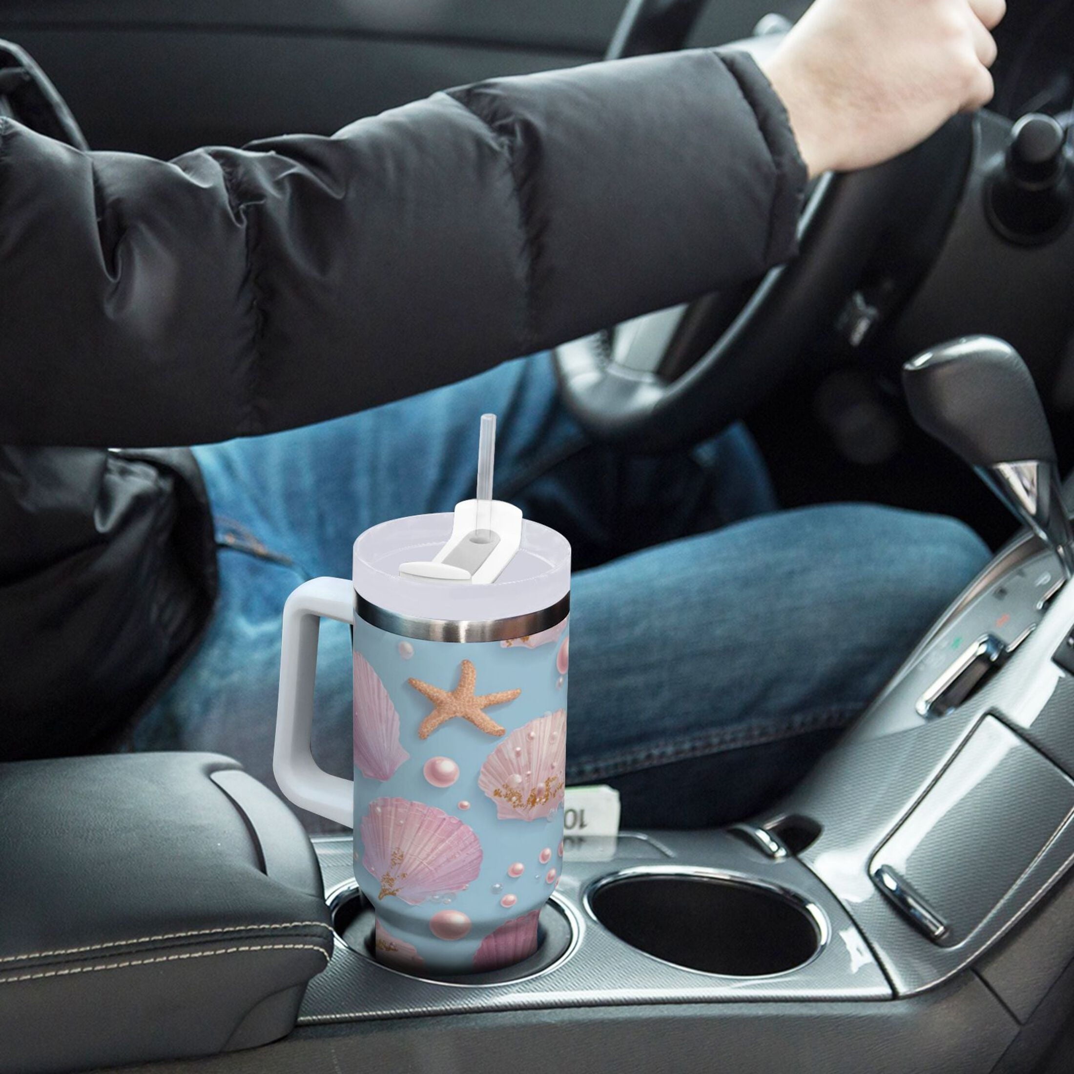40 oz Insulated Stainless Steel Tumbler Double Wall Stainless Steel Tumbler with 2-Way Drinking Seashells and Pearls Pattern C569X