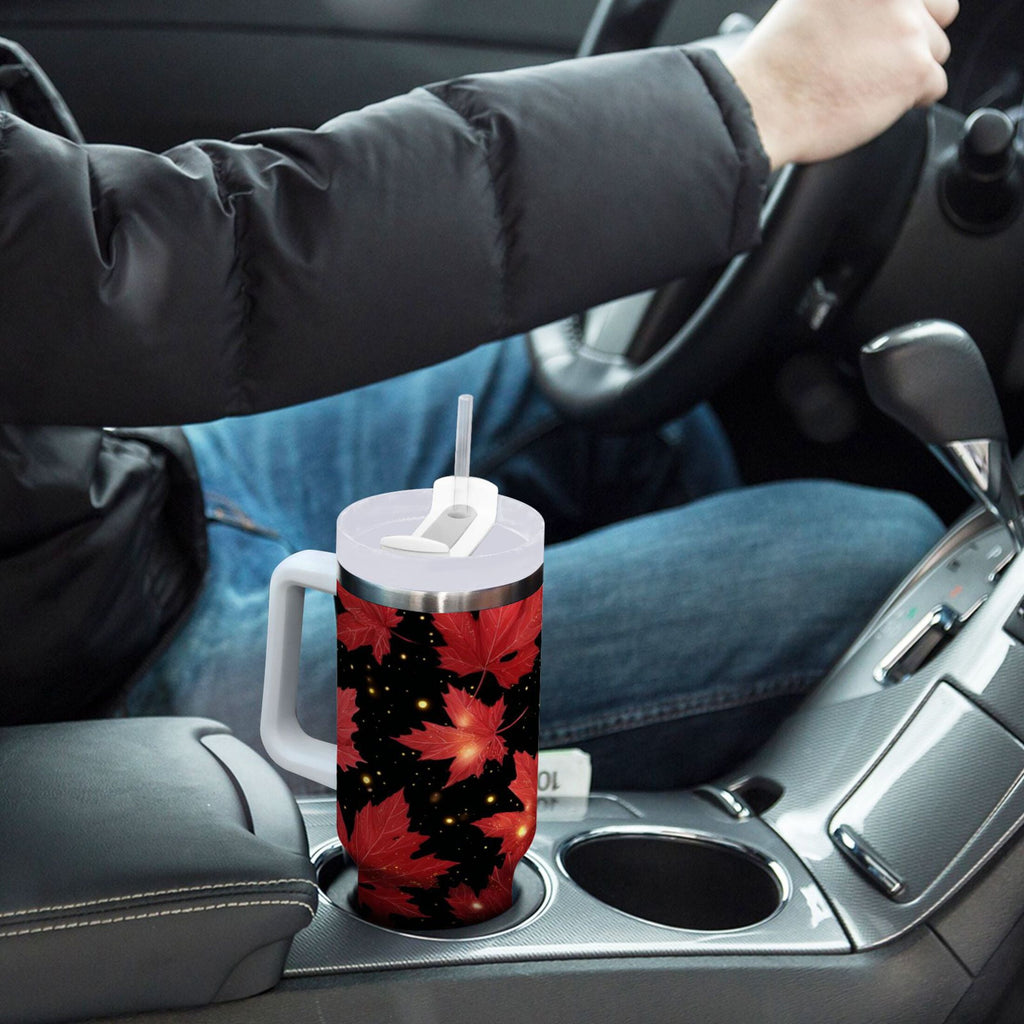 40 oz Insulated Stainless Steel Tumbler Double Wall Stainless Steel Tumbler with 2-Way Drinking Maple Leaves and Fireflies C516E