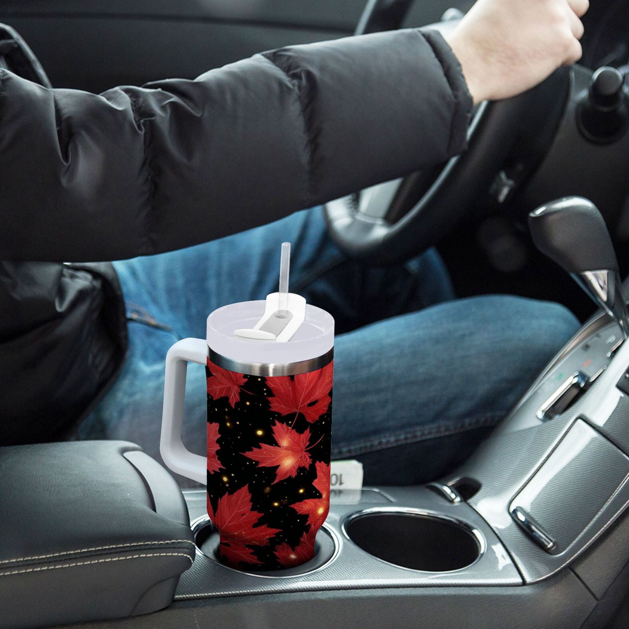 40 oz Insulated Stainless Steel Tumbler Double Wall Stainless Steel Tumbler with 2-Way Drinking Maple Leaves and Fireflies C516E