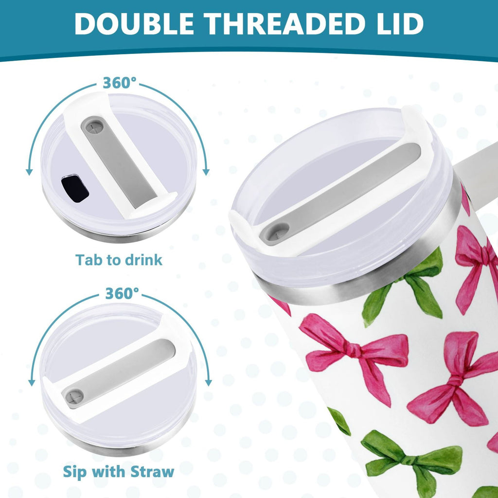 30 oz Insulated Stainless Steel Tumbler Double Wall Stainless Steel Tumbler with 2-Way Drinking Pink Bows and Green Ribbons C649T