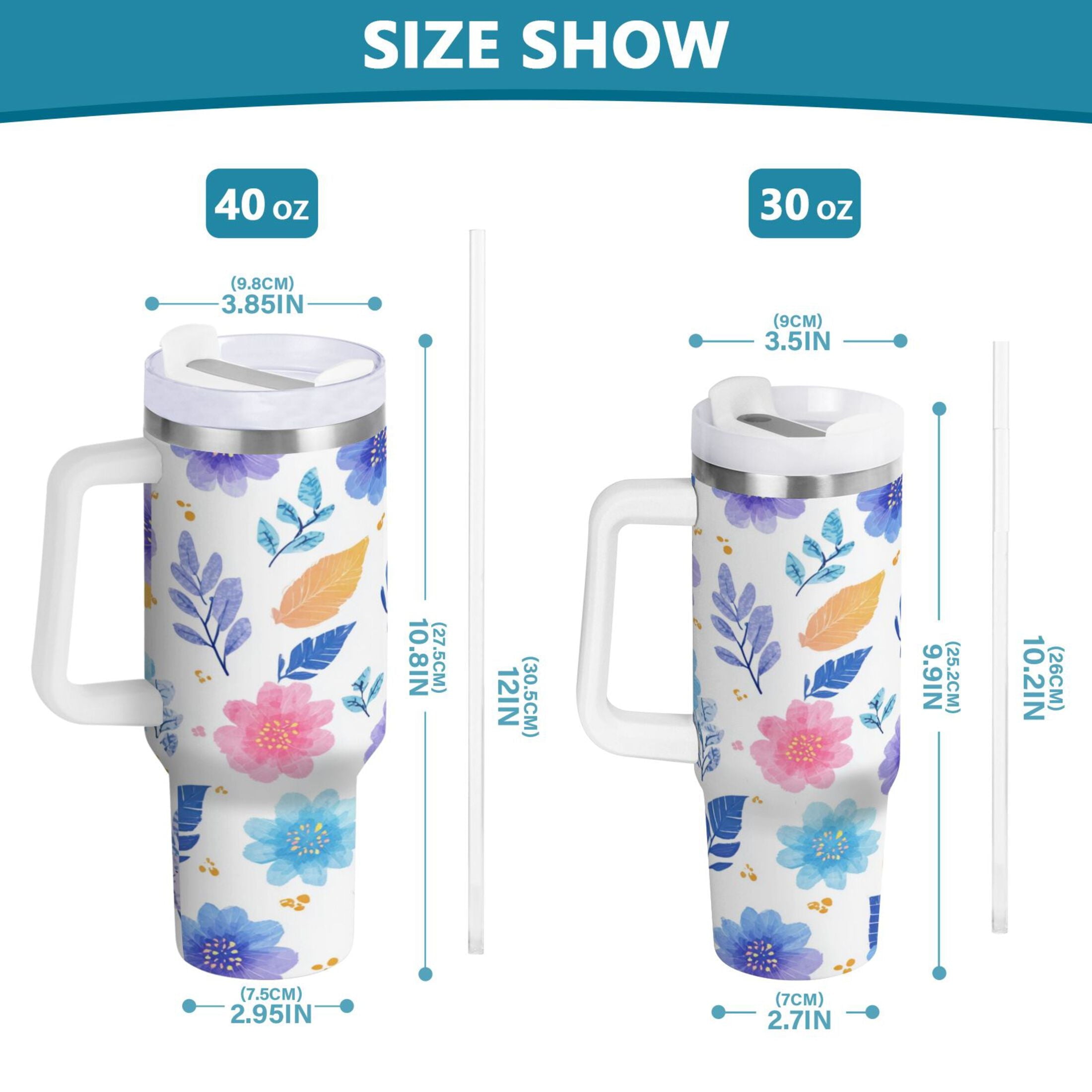 30 oz Insulated Stainless Steel Tumbler Double Wall Stainless Steel Tumbler with 2-Way Drinking Blue and Purple Flowers C522D
