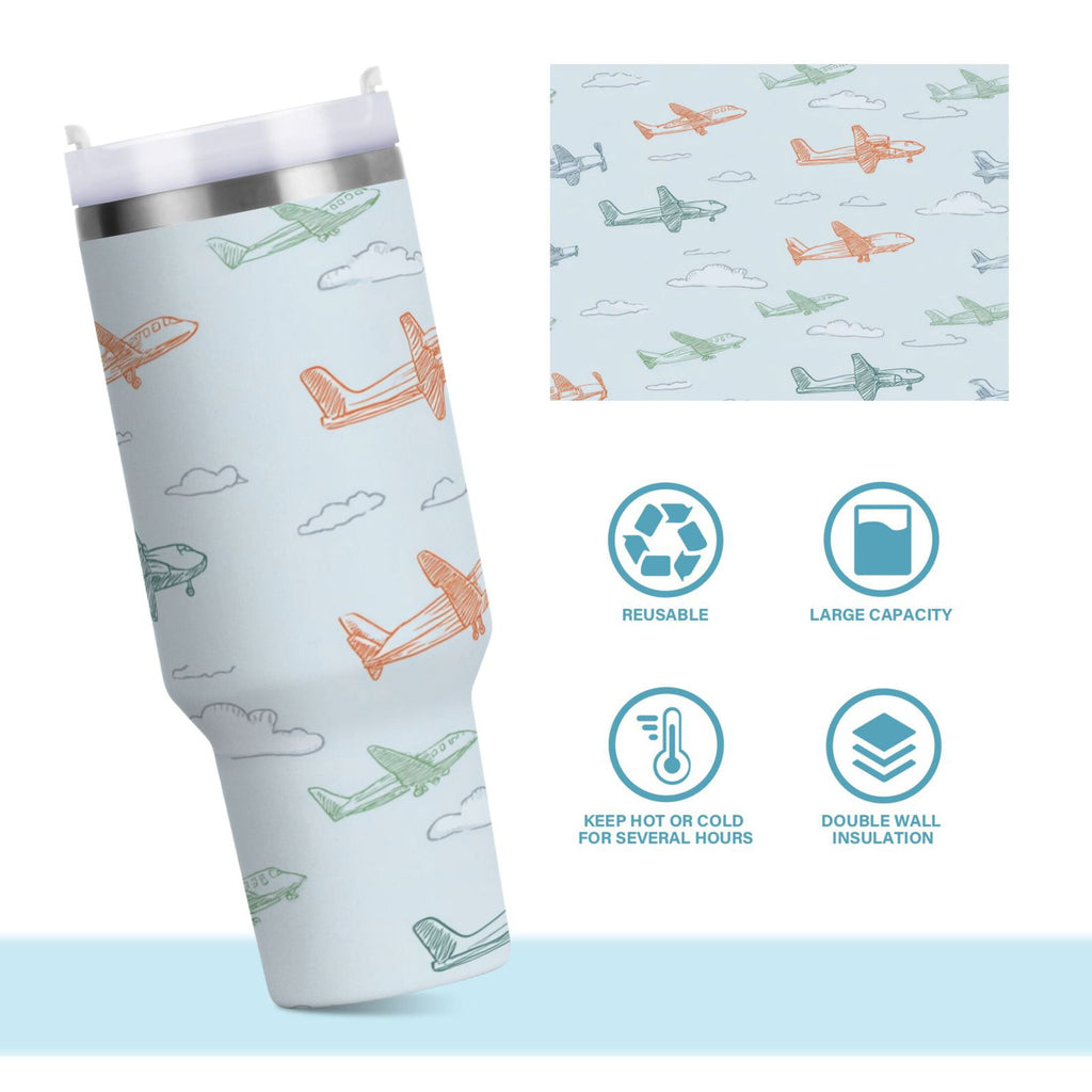 30 oz Insulated Stainless Steel Tumbler Double Wall Stainless Steel Tumbler with 2-Way Drinking Pastel Doodle Airplanes C593T