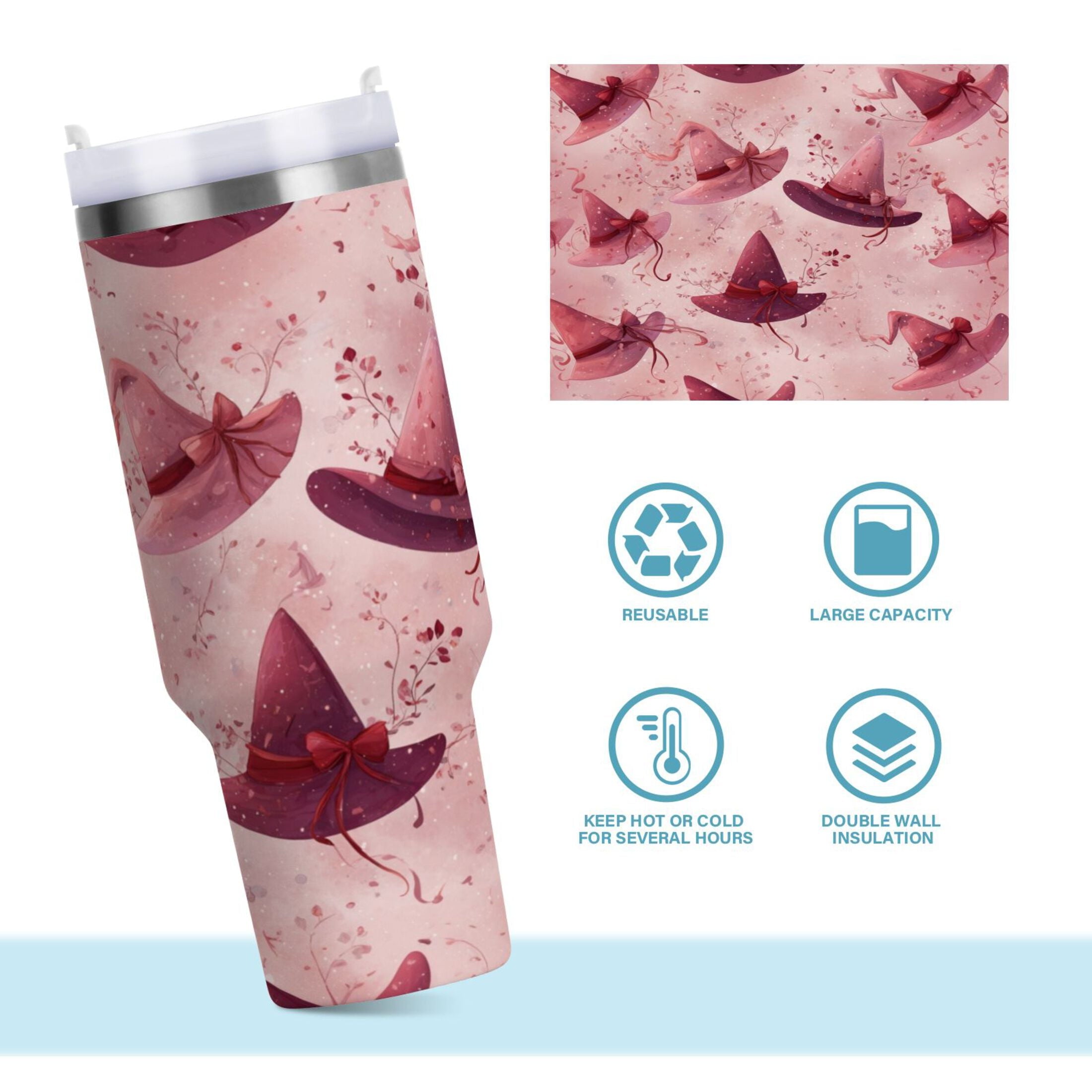 30 oz Insulated Stainless Steel Tumbler Double Wall Stainless Steel Tumbler with 2-Way Drinking Hats with Delicate Bows C679Q