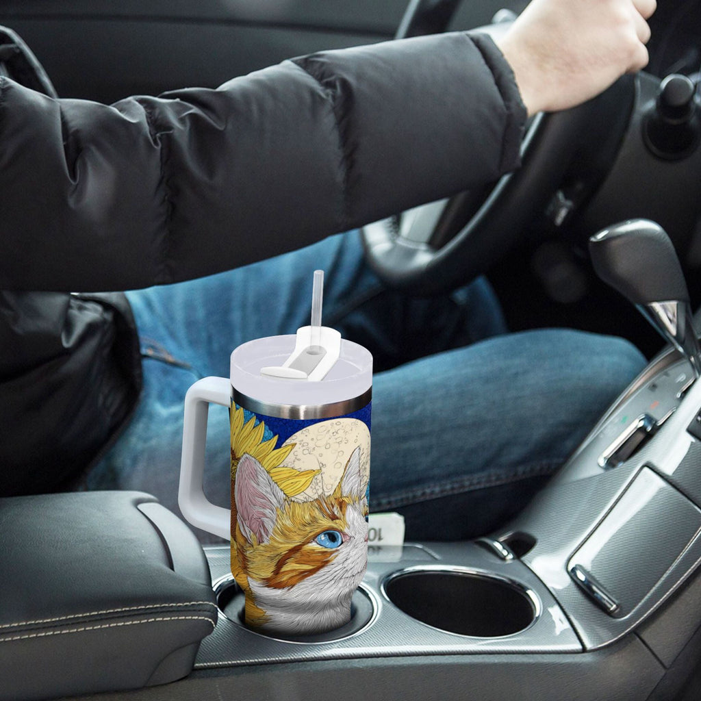 40 oz Insulated Stainless Steel Tumbler Double Wall Stainless Steel Tumbler with 2-Way Drinking Cat Lies in The Sunflowers C651A