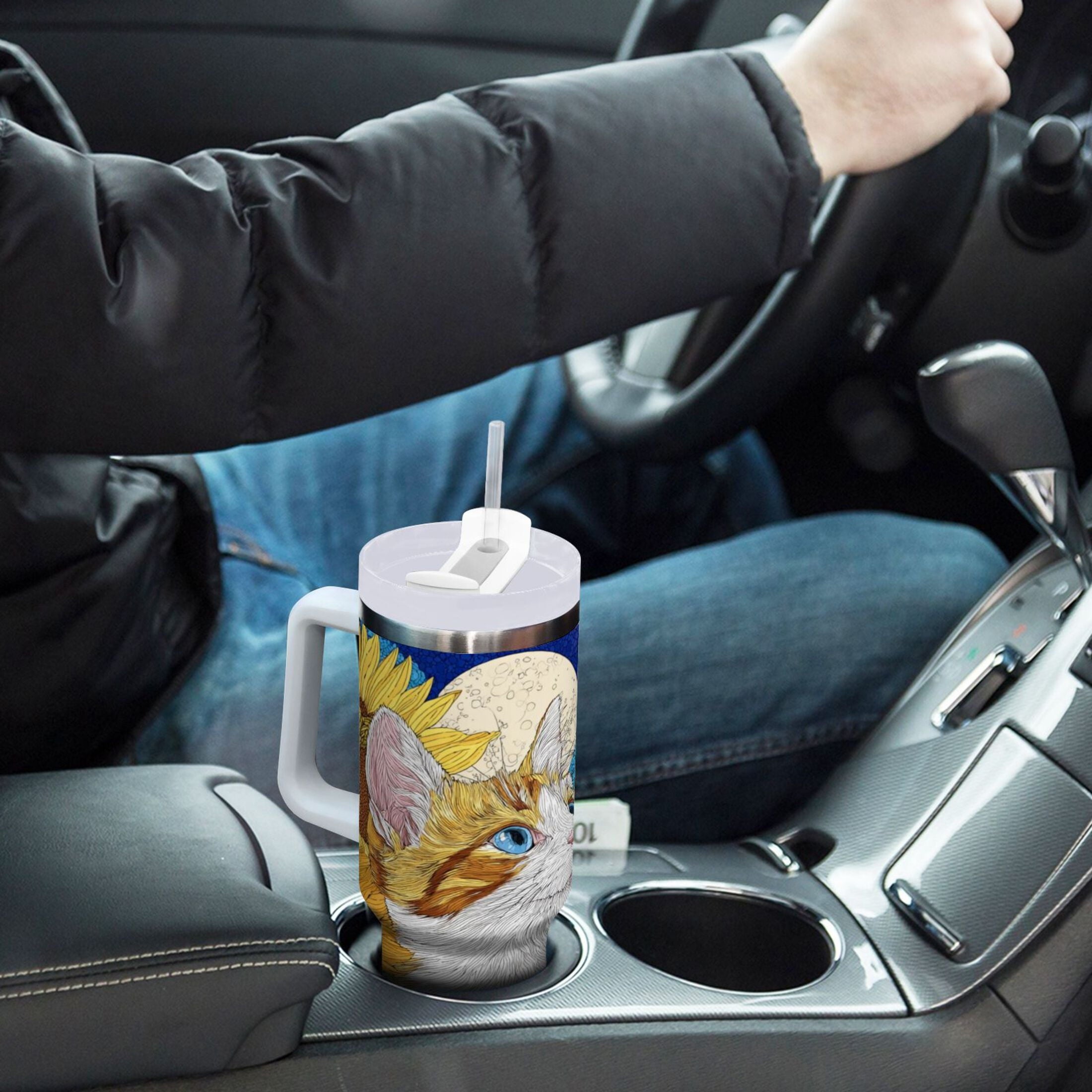 40 oz Insulated Stainless Steel Tumbler Double Wall Stainless Steel Tumbler with 2-Way Drinking Cat Lies in The Sunflowers C651A