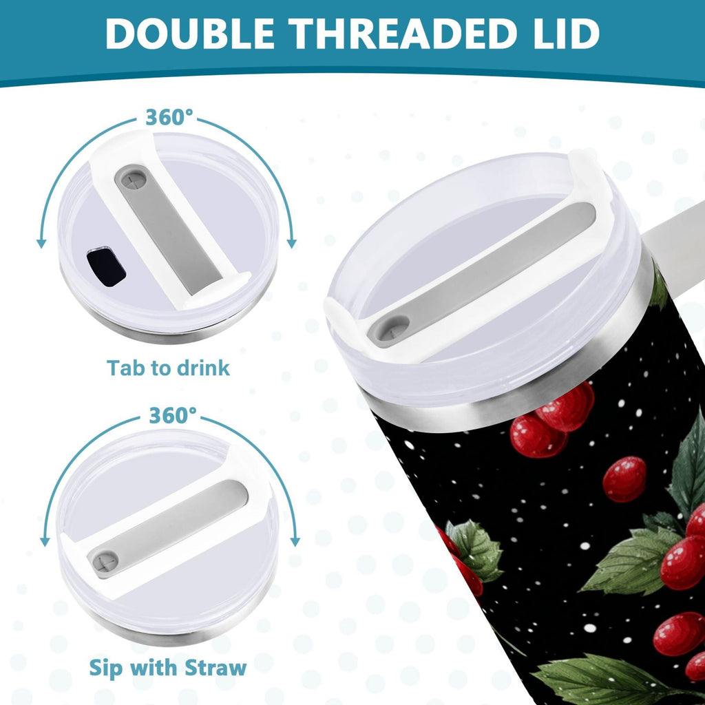 40 oz Insulated Stainless Steel Tumbler Double Wall Stainless Steel Tumbler with 2-Way Drinking Red Holly Berries Pattern C652Q