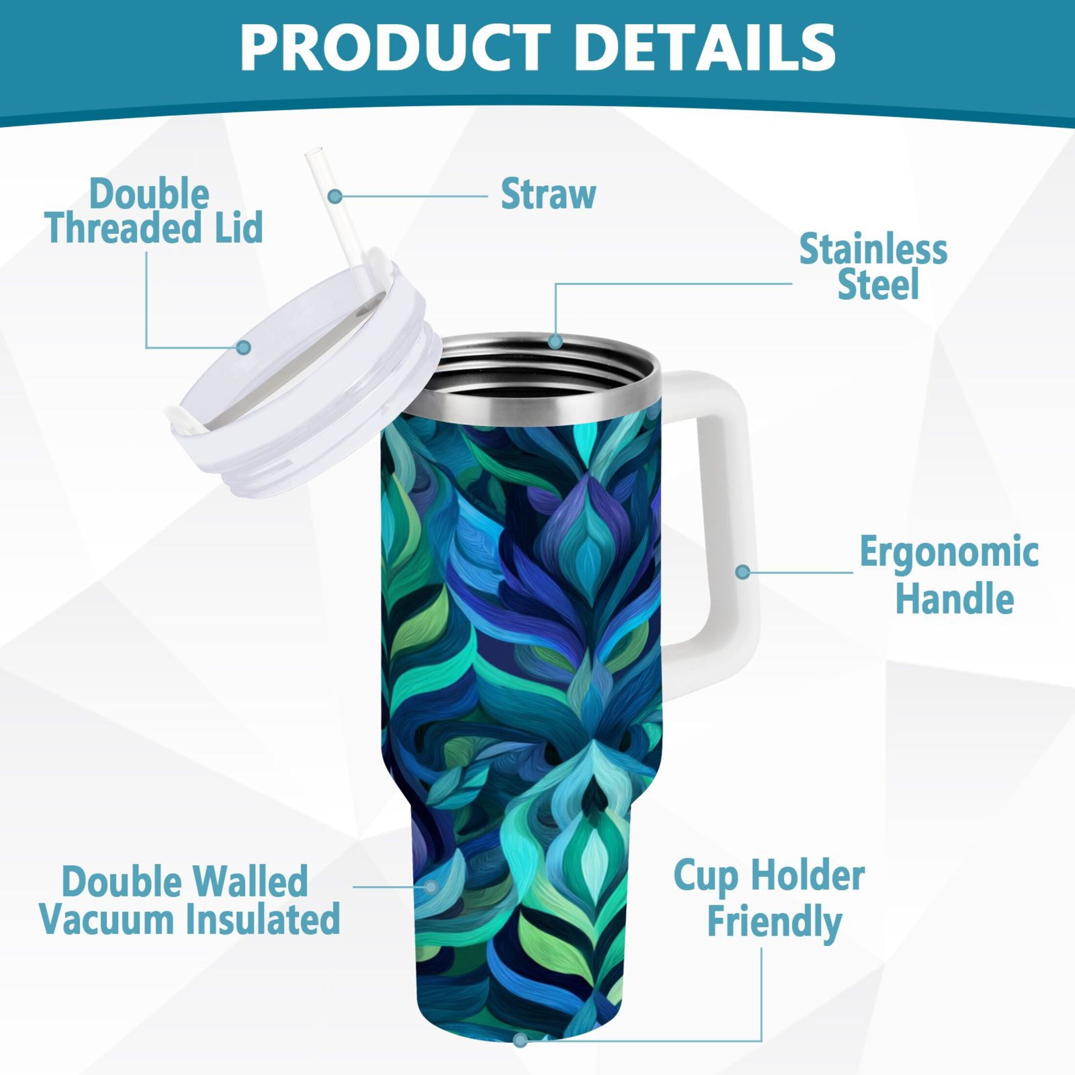 40 oz Insulated Stainless Steel Tumbler Double Wall Stainless Steel Tumbler with 2-Way Drinking Elegant Blue Abstract Shapes C609M