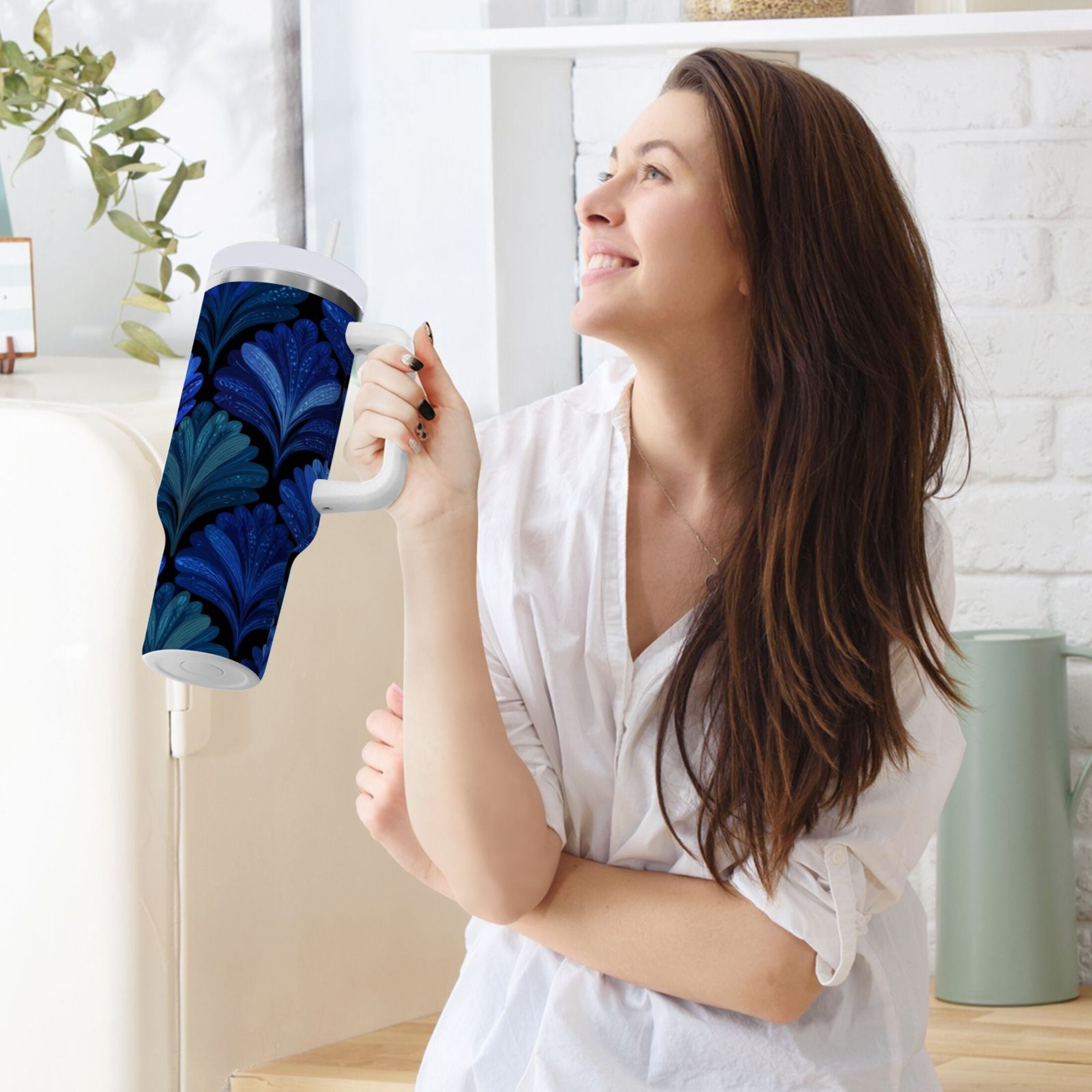 30 oz Insulated Stainless Steel Tumbler Double Wall Stainless Steel Tumbler with 2-Way Drinking Blue Batik Leaves Pattern C525W