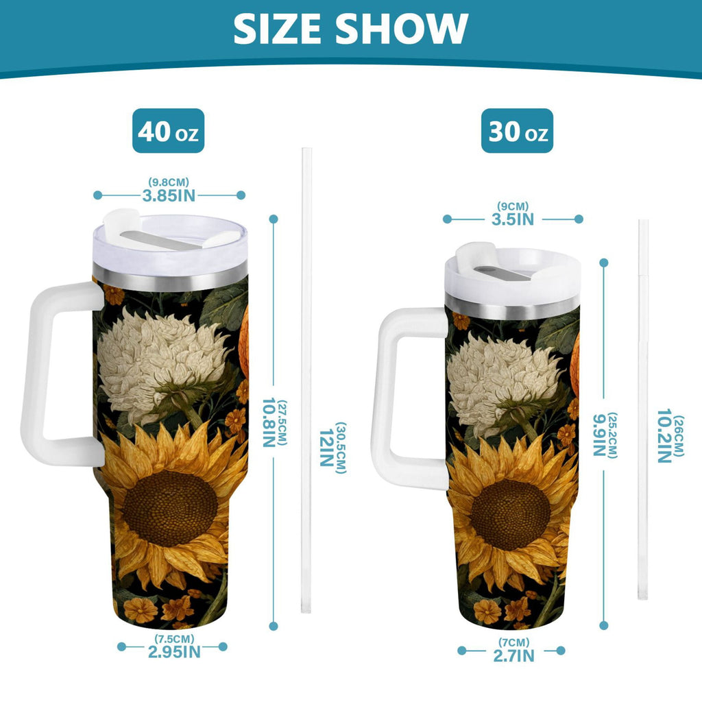 40 oz Insulated Stainless Steel Tumbler Double Wall Stainless Steel Tumbler with 2-Way Drinking Pumpkins and Sunflowers Pattern C560B