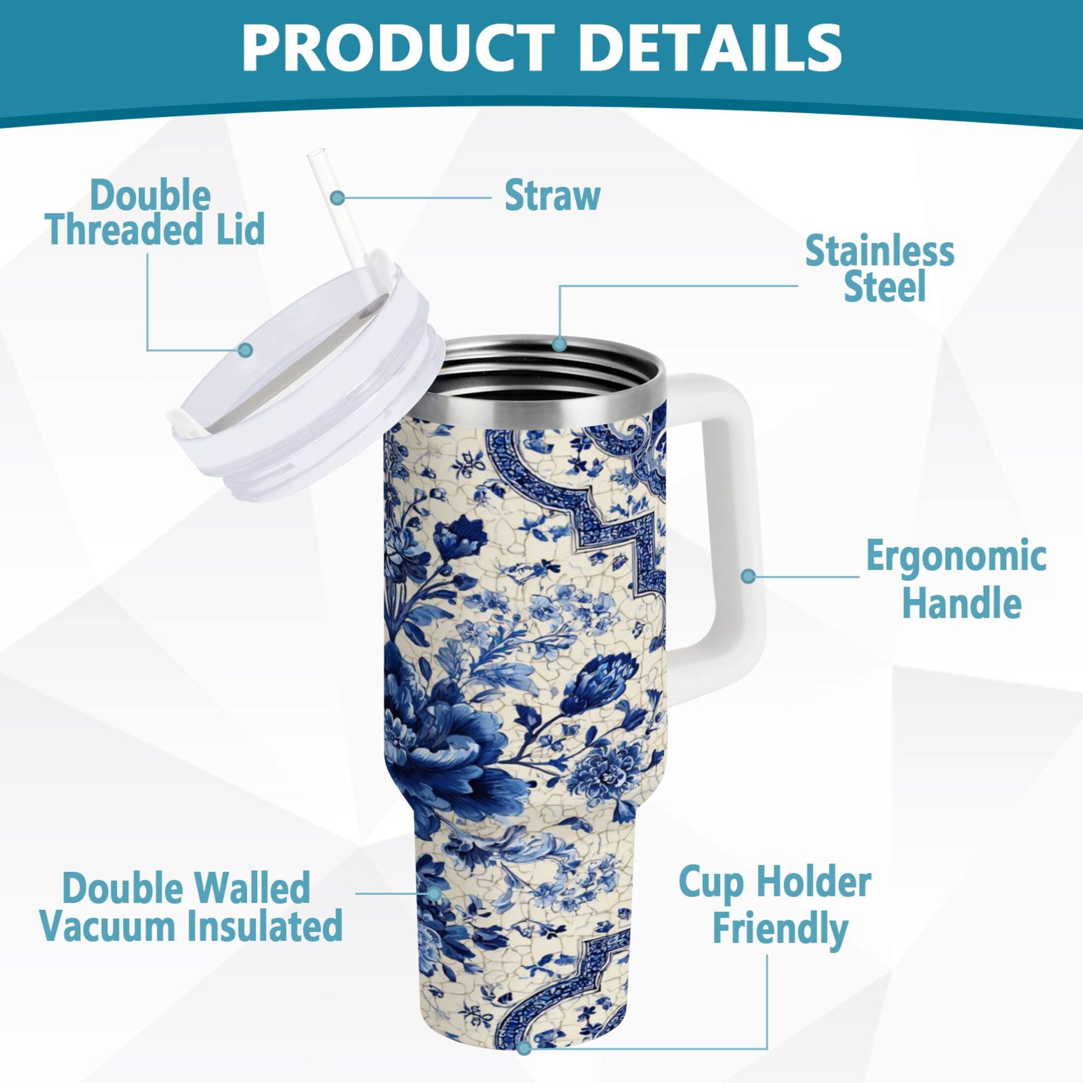 30 oz Insulated Stainless Steel Tumbler Double Wall Stainless Steel Tumbler with 2-Way Drinking Blue and White Porcelain-style C576R