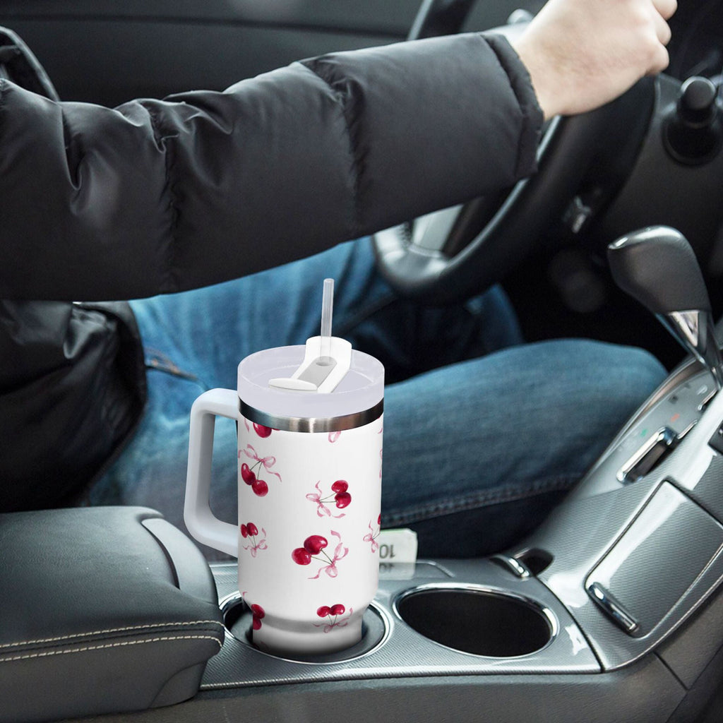 30 oz Insulated Stainless Steel Tumbler Double Wall Stainless Steel Tumbler with 2-Way Drinking Watercolor Cherries Pattern C604E