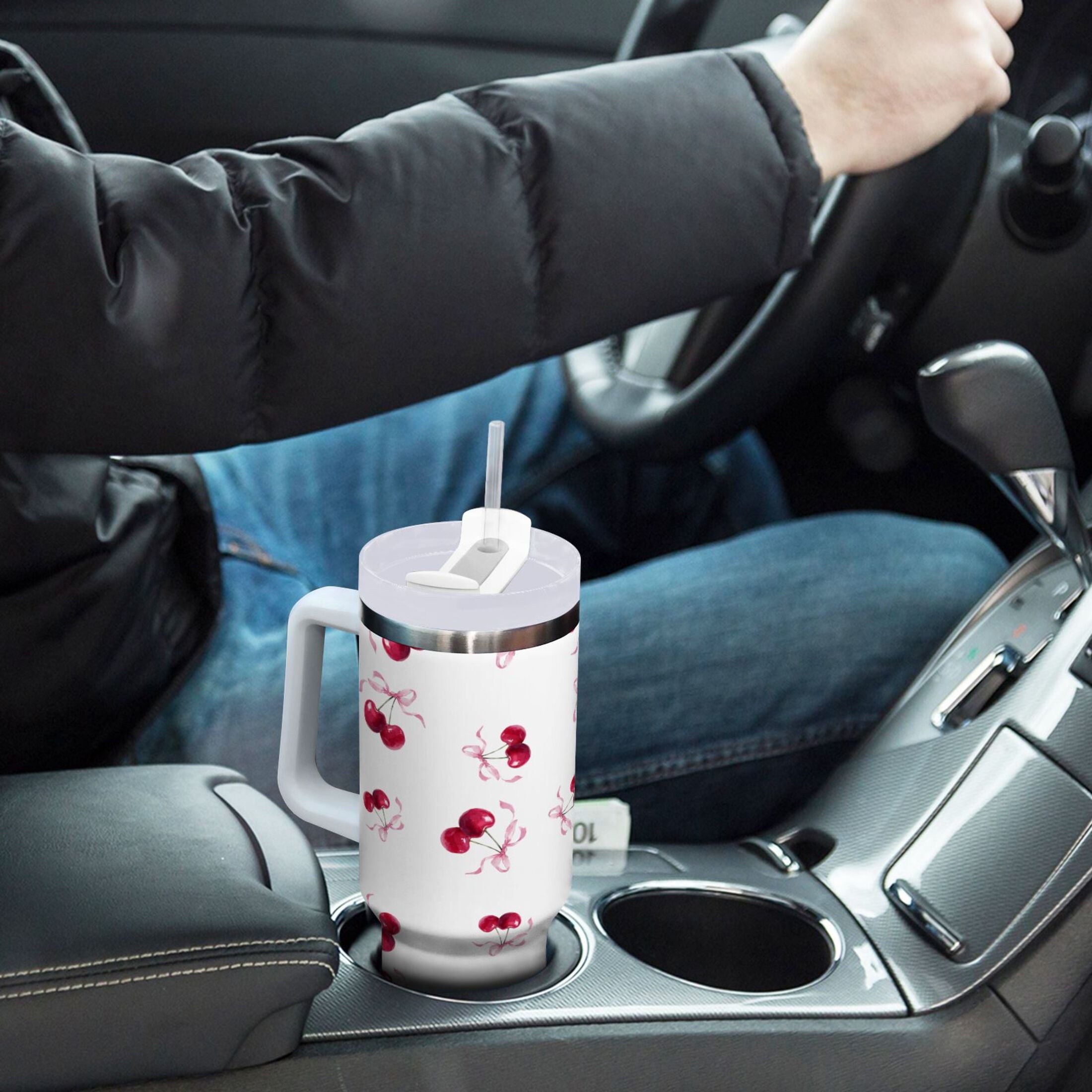 30 oz Insulated Stainless Steel Tumbler Double Wall Stainless Steel Tumbler with 2-Way Drinking Watercolor Cherries Pattern C604E