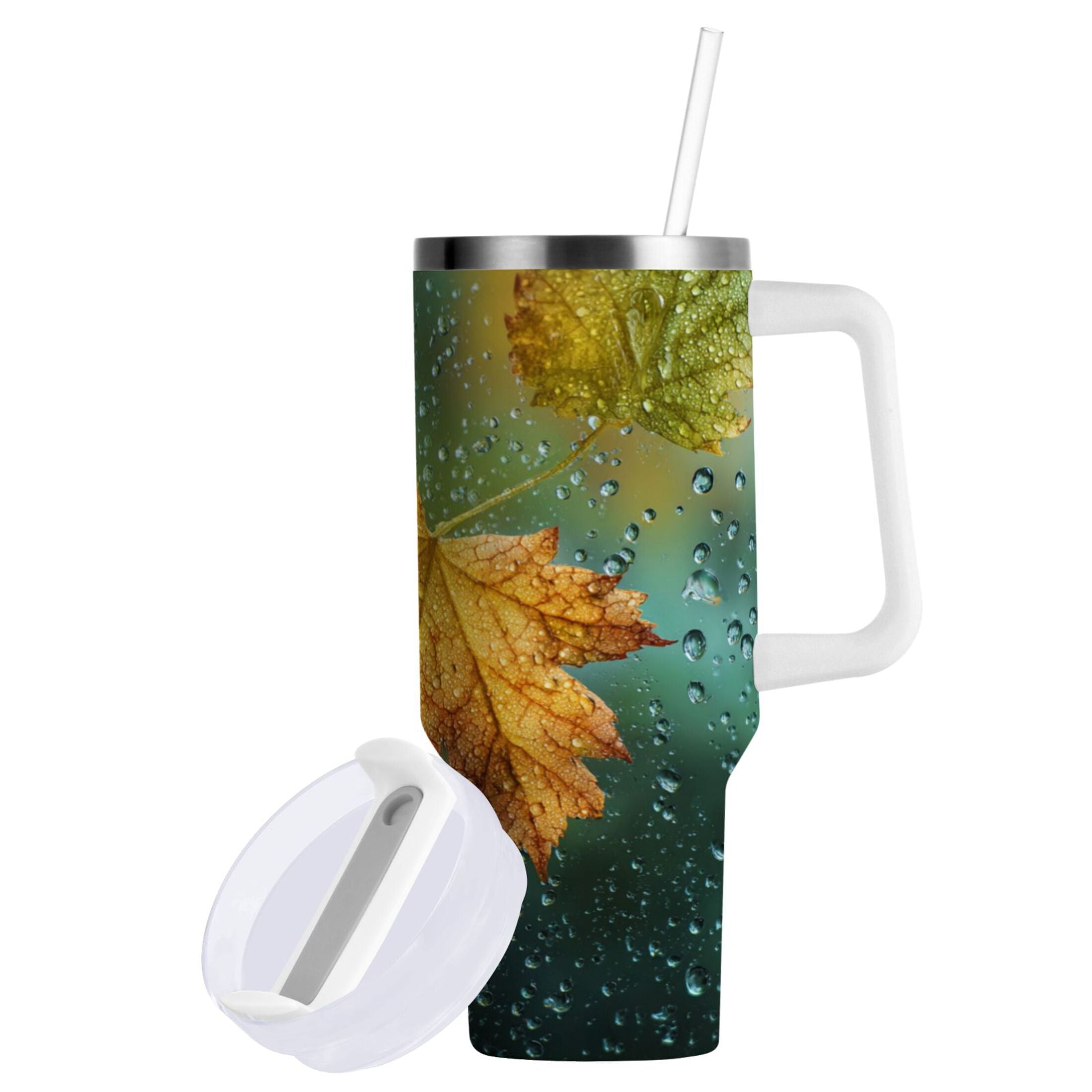 30 oz Insulated Stainless Steel Tumbler Double Wall Stainless Steel Tumbler with 2-Way Drinking Leaves with Water Droplets C500K