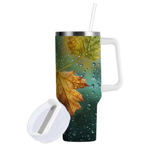 30 oz Insulated Stainless Steel Tumbler Double Wall Stainless Steel Tumbler with 2-Way Drinking Leaves with Water Droplets C500K